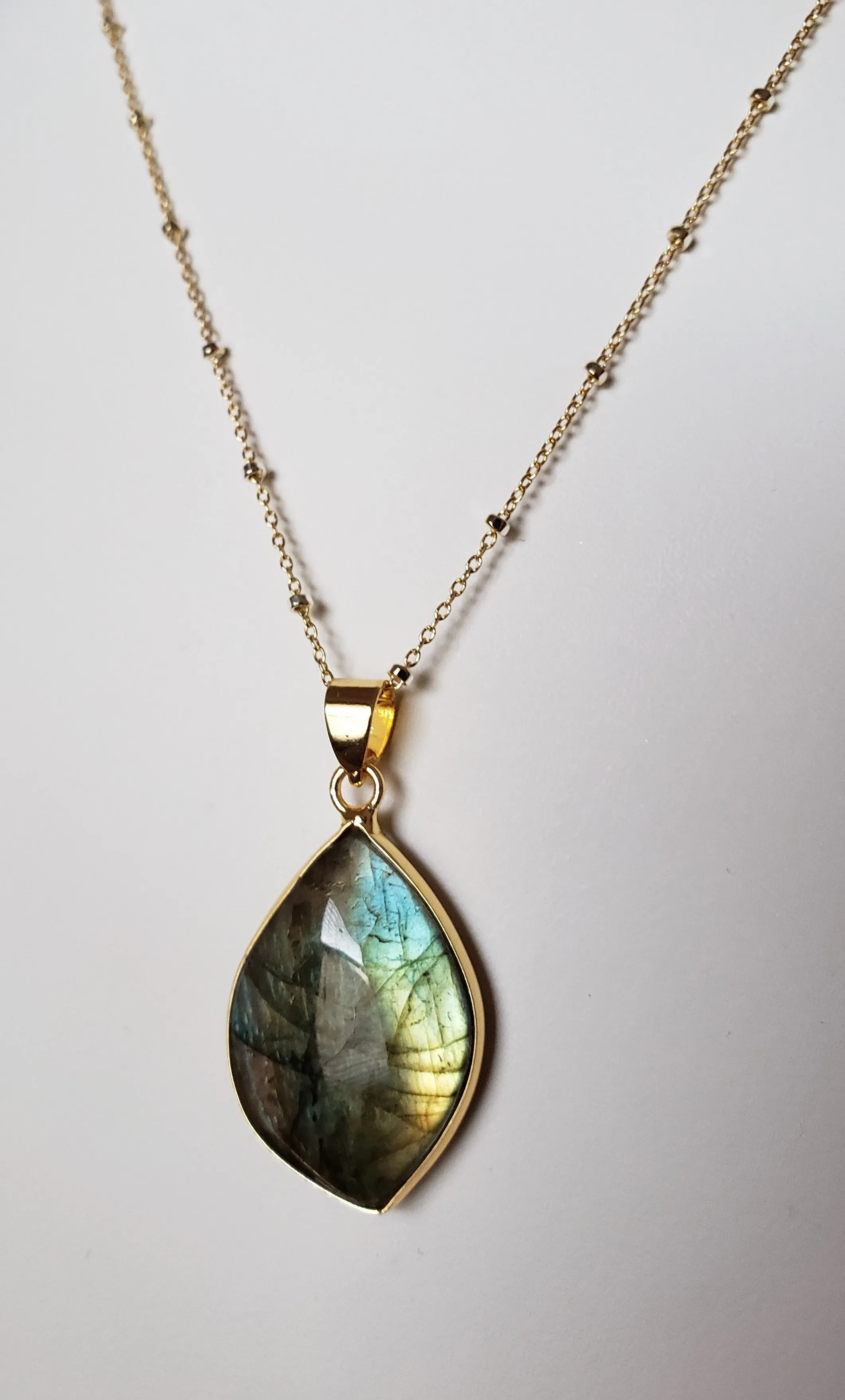 Iridescent Labradorite Pendant On Delicate Gold-Filled Chain With Faceted Sterling Silver Cubes.