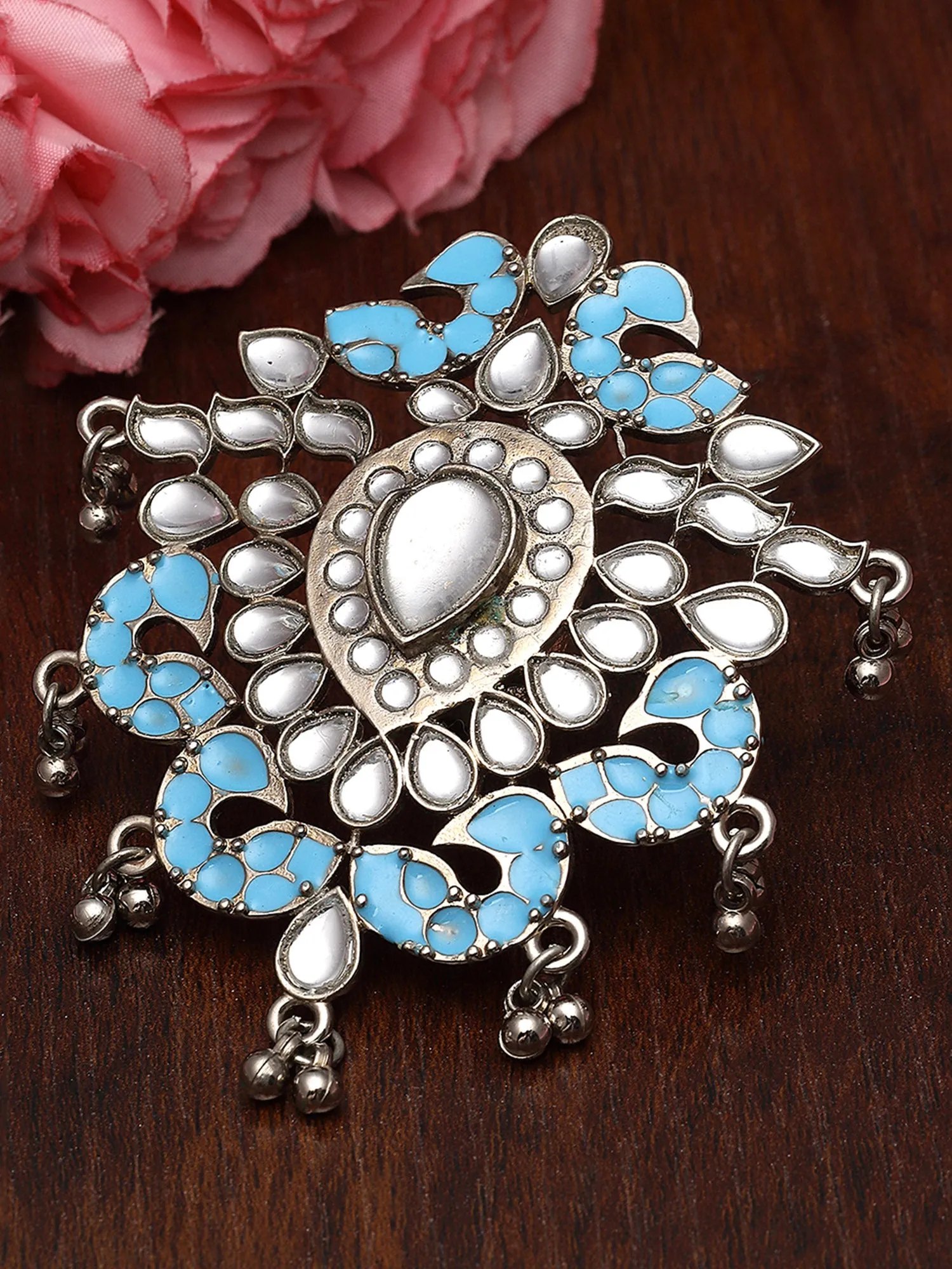 Karatcart Silver Plated Light Blue Meena Kundan Cocktail Ring for Women