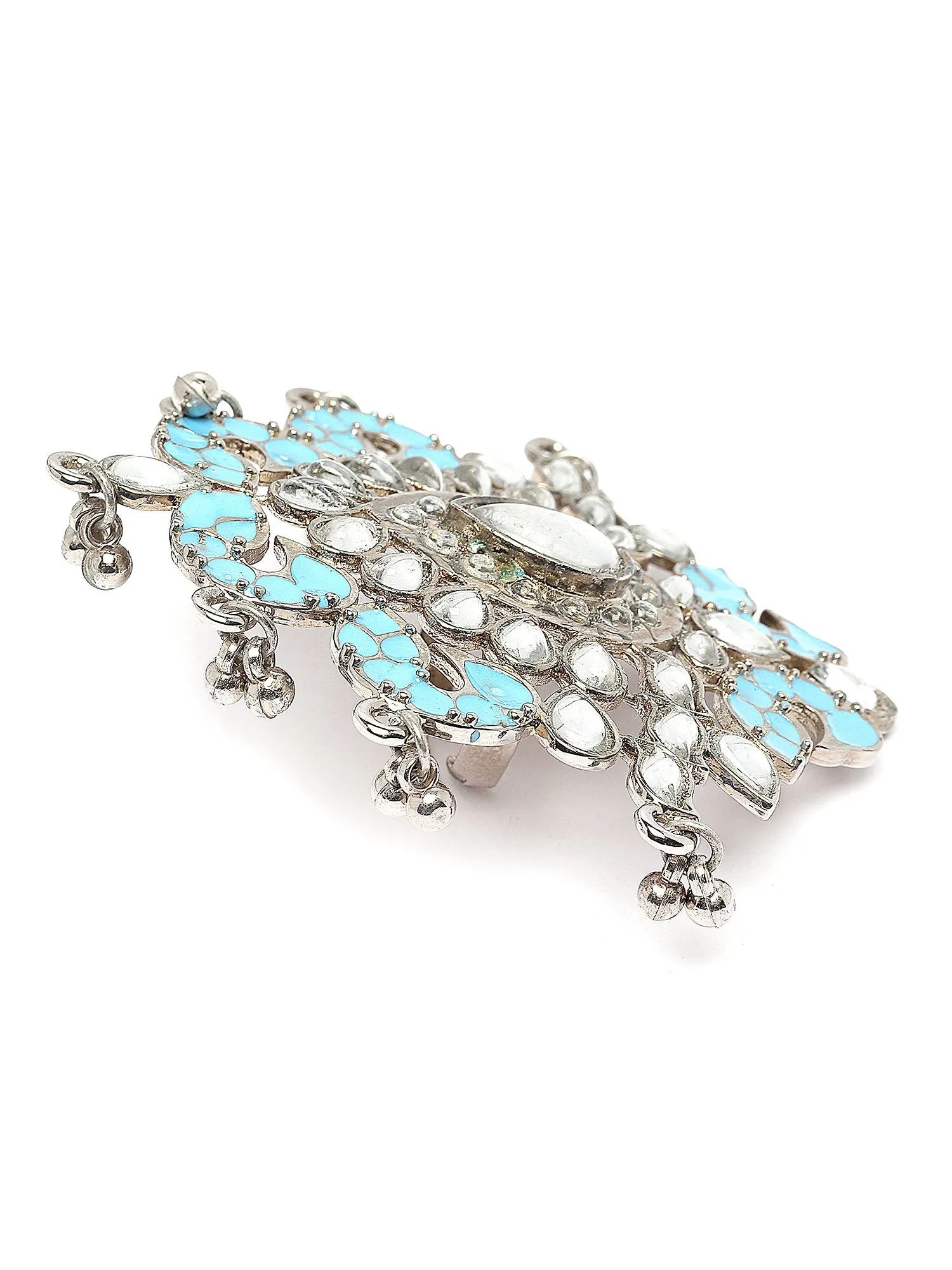 Karatcart Silver Plated Light Blue Meena Kundan Cocktail Ring for Women