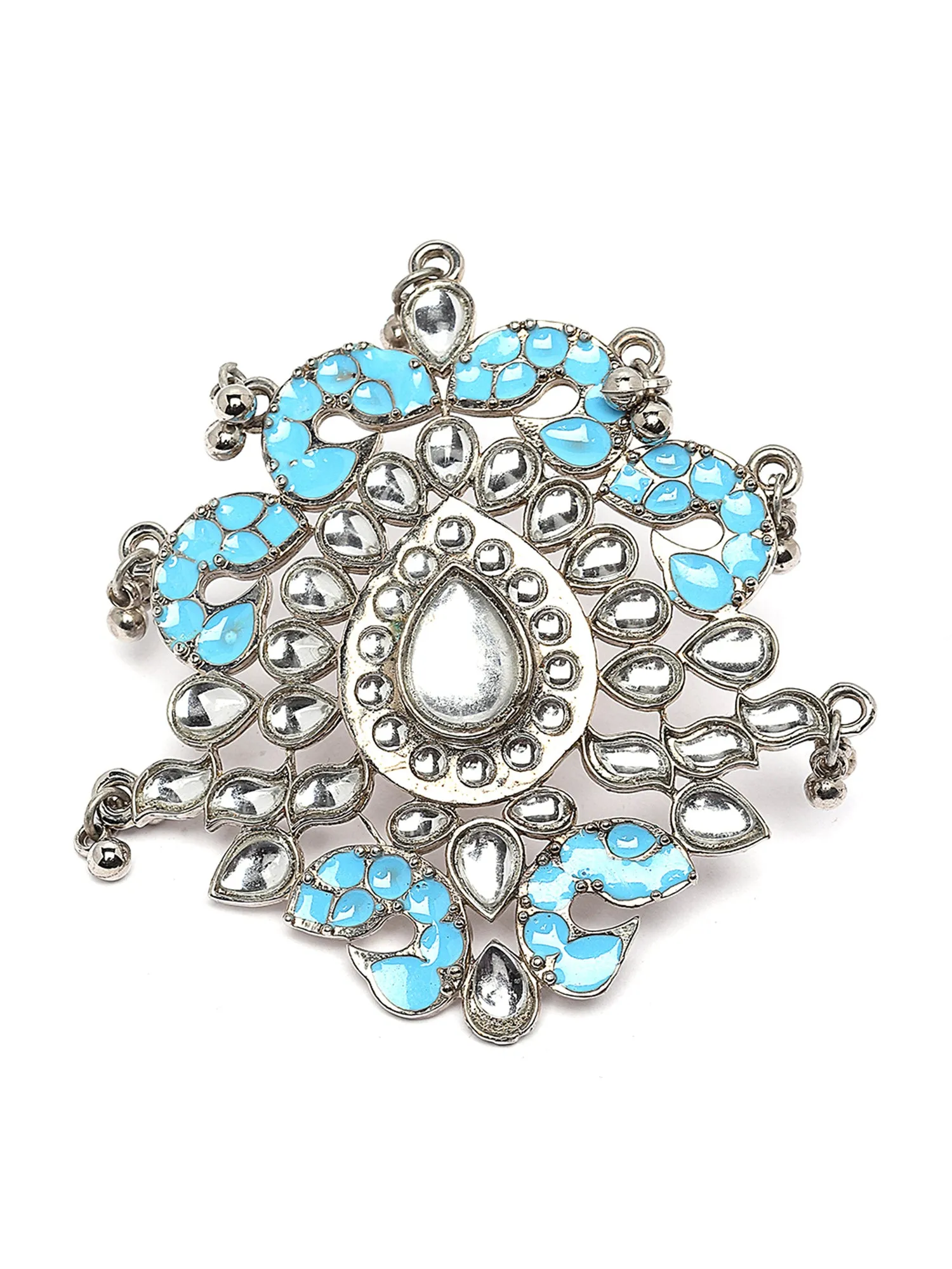 Karatcart Silver Plated Light Blue Meena Kundan Cocktail Ring for Women