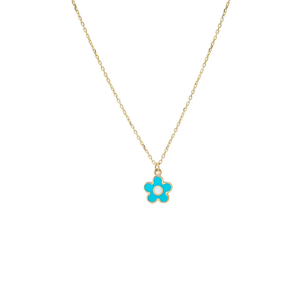 Kids Blue & White Enamel Flower Pendant Necklace 14K