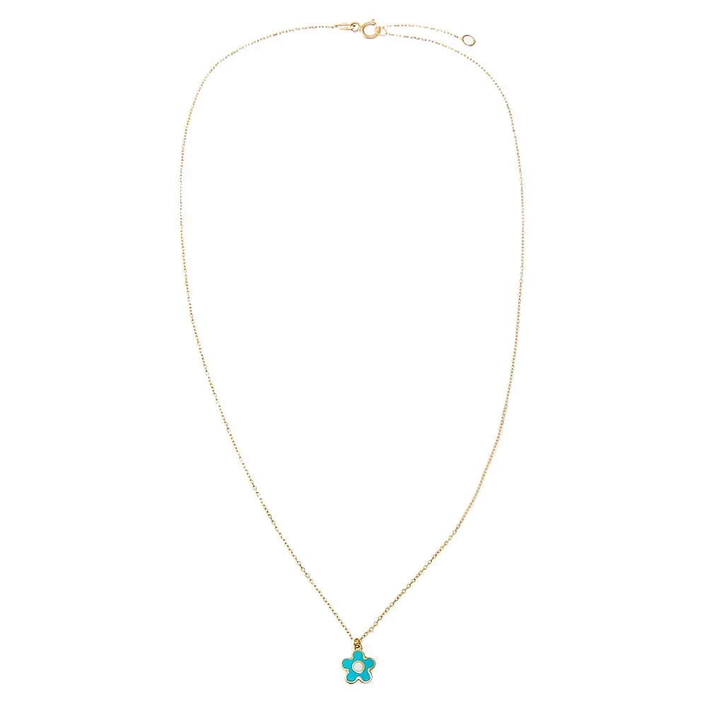 Kids Blue & White Enamel Flower Pendant Necklace 14K