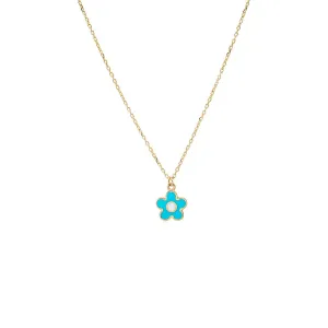 Kids Blue & White Enamel Flower Pendant Necklace 14K