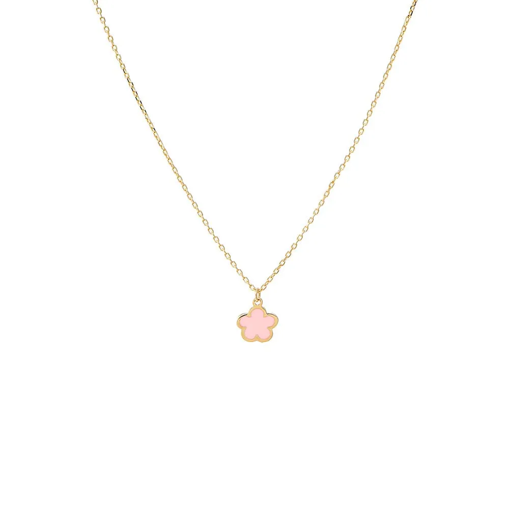 Kids Pink Enamel Flower Pendant Necklace 14K