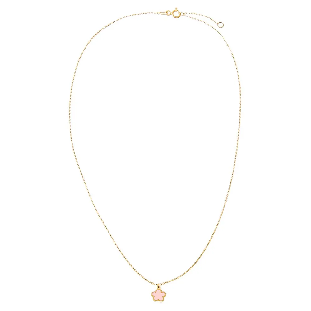 Kids Pink Enamel Flower Pendant Necklace 14K