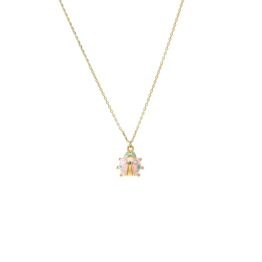 Kids Pink Enamel Ladybug Pendant Necklace 14K