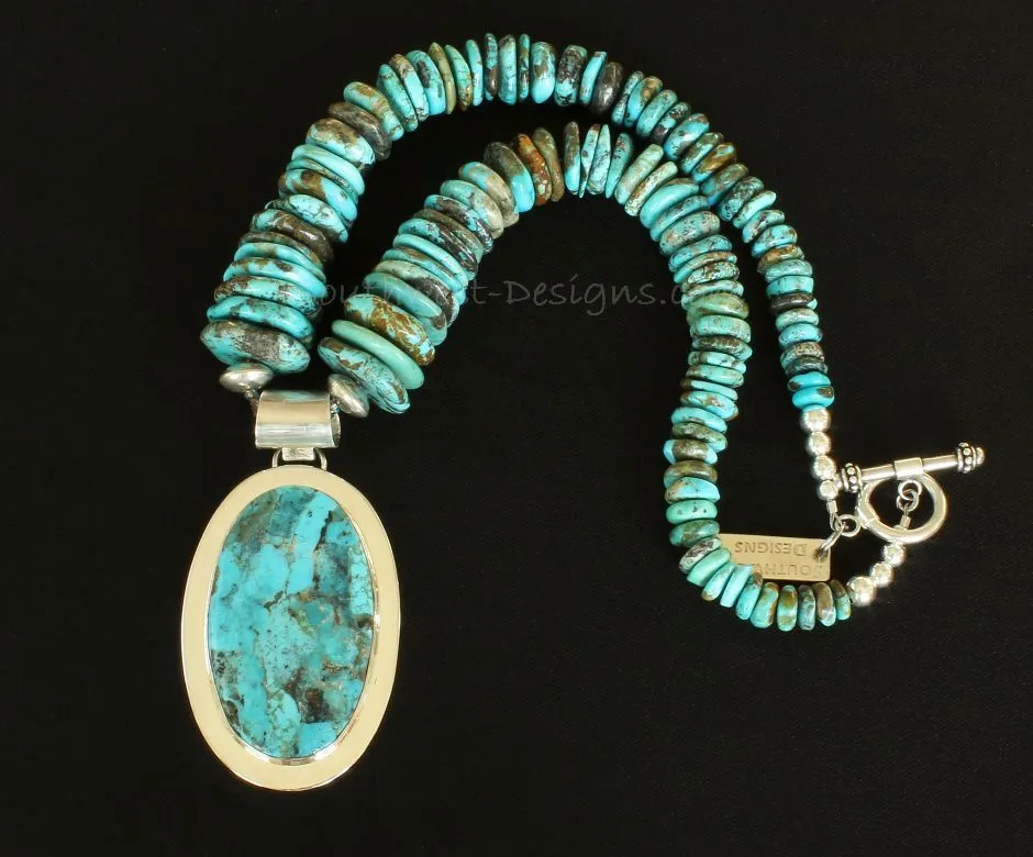 Kingman Turquoise and Sterling Silver Oval Pendant with Graduated Turquoise Round Disc, Sterling Silver Saucer Beads & Rounds, and a Sterling Silver Toggle Clasp