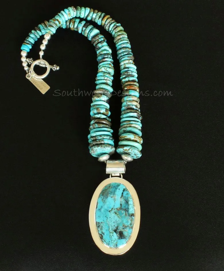 Kingman Turquoise and Sterling Silver Oval Pendant with Graduated Turquoise Round Disc, Sterling Silver Saucer Beads & Rounds, and a Sterling Silver Toggle Clasp