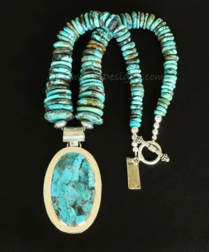 Kingman Turquoise and Sterling Silver Oval Pendant with Graduated Turquoise Round Disc, Sterling Silver Saucer Beads & Rounds, and a Sterling Silver Toggle Clasp