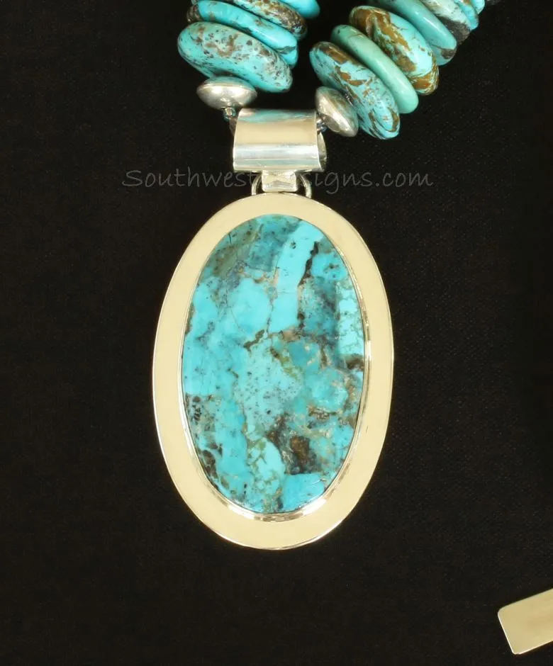 Kingman Turquoise and Sterling Silver Oval Pendant with Graduated Turquoise Round Disc, Sterling Silver Saucer Beads & Rounds, and a Sterling Silver Toggle Clasp