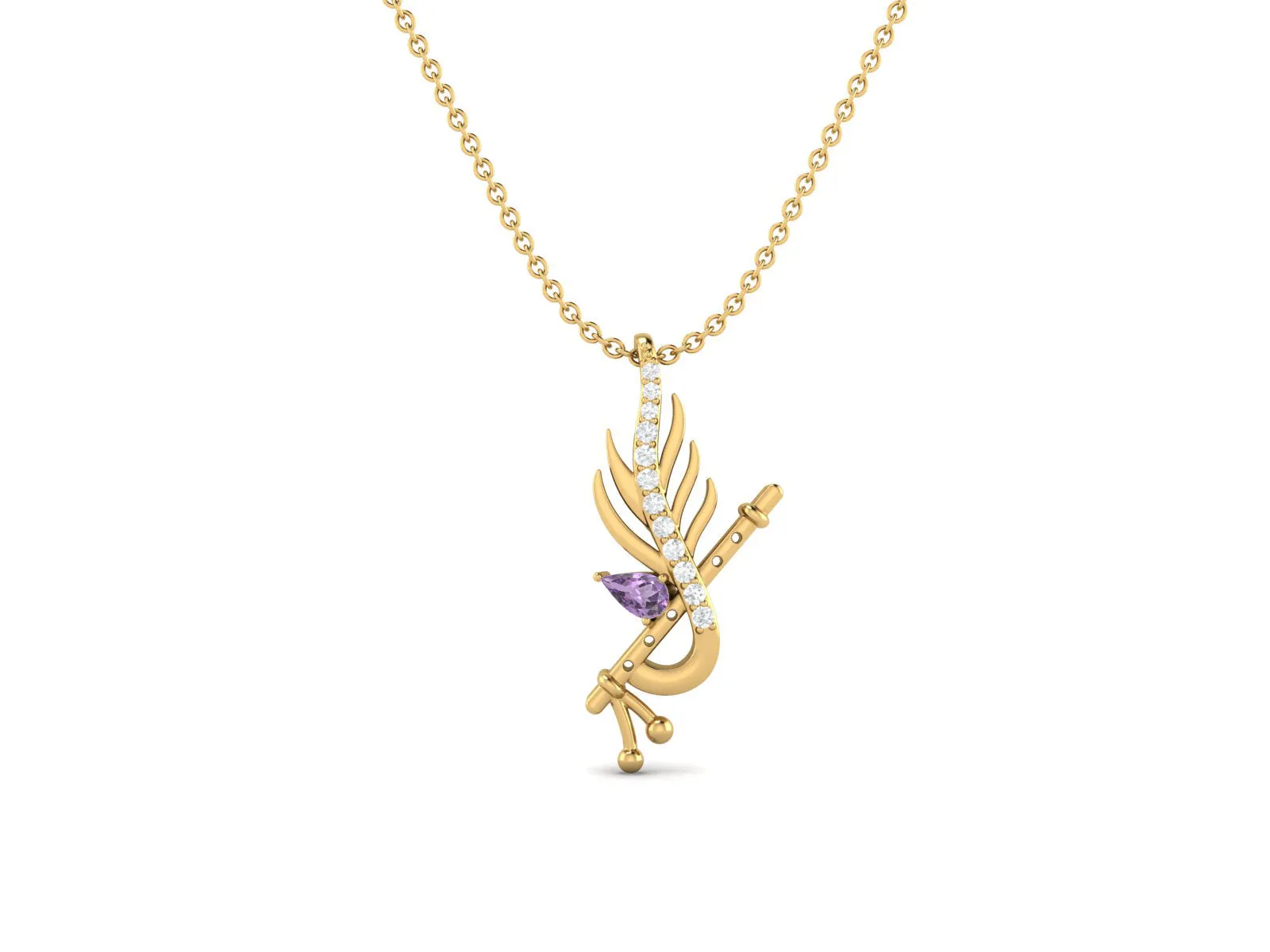 Krishna Flute Leaf 5x3mm Pear Amethyst 925 Sterling Silver Religious Men Women Pendant Necklace