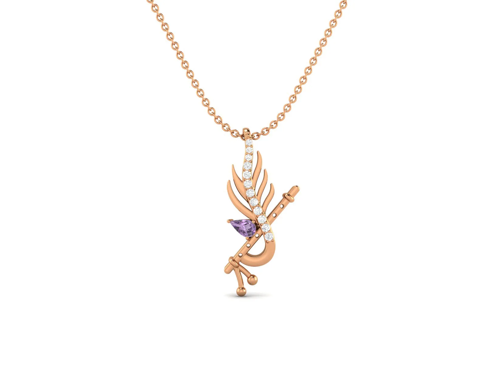 Krishna Flute Leaf 5x3mm Pear Amethyst 925 Sterling Silver Religious Men Women Pendant Necklace