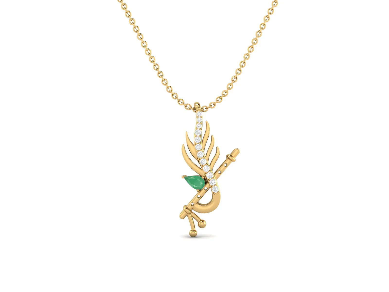 Krishna Flute Leaf 5x3mm Pear Emerald 925 Sterling Silver Religious Men Women Pendant Necklace