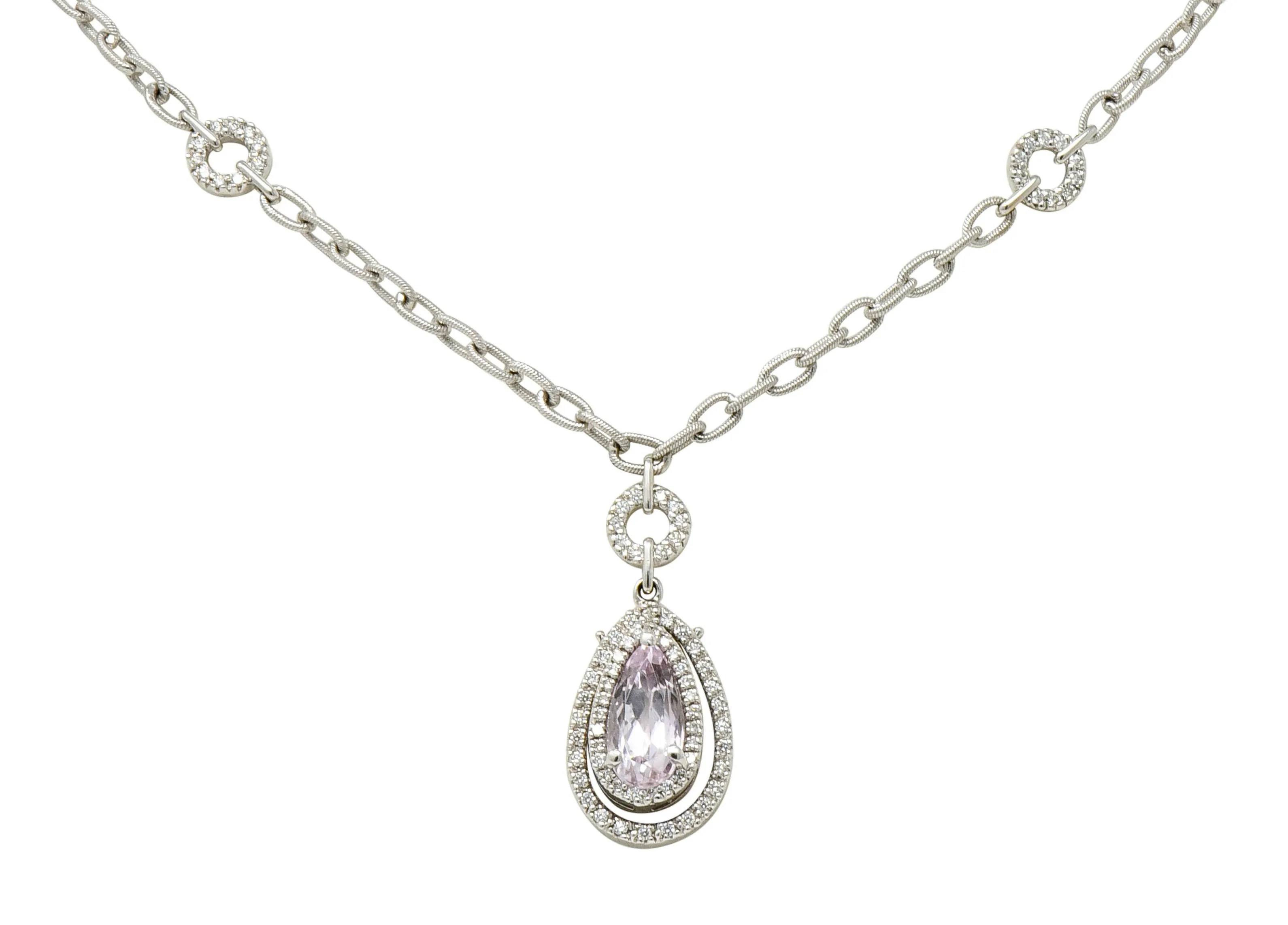 Kunzite 1.21 CTW Diamond 18 Karat White Gold Drop Necklace