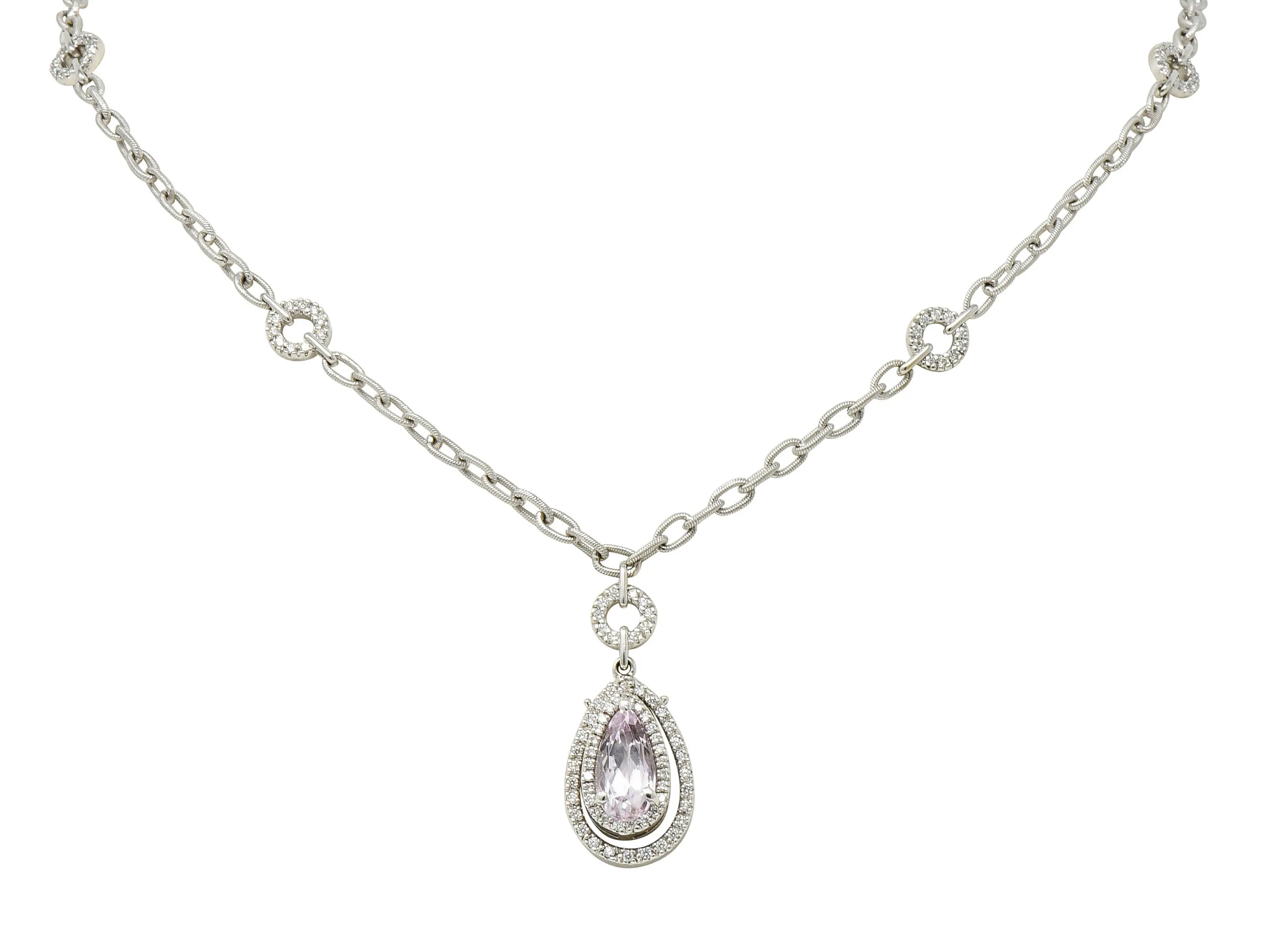Kunzite 1.21 CTW Diamond 18 Karat White Gold Drop Necklace