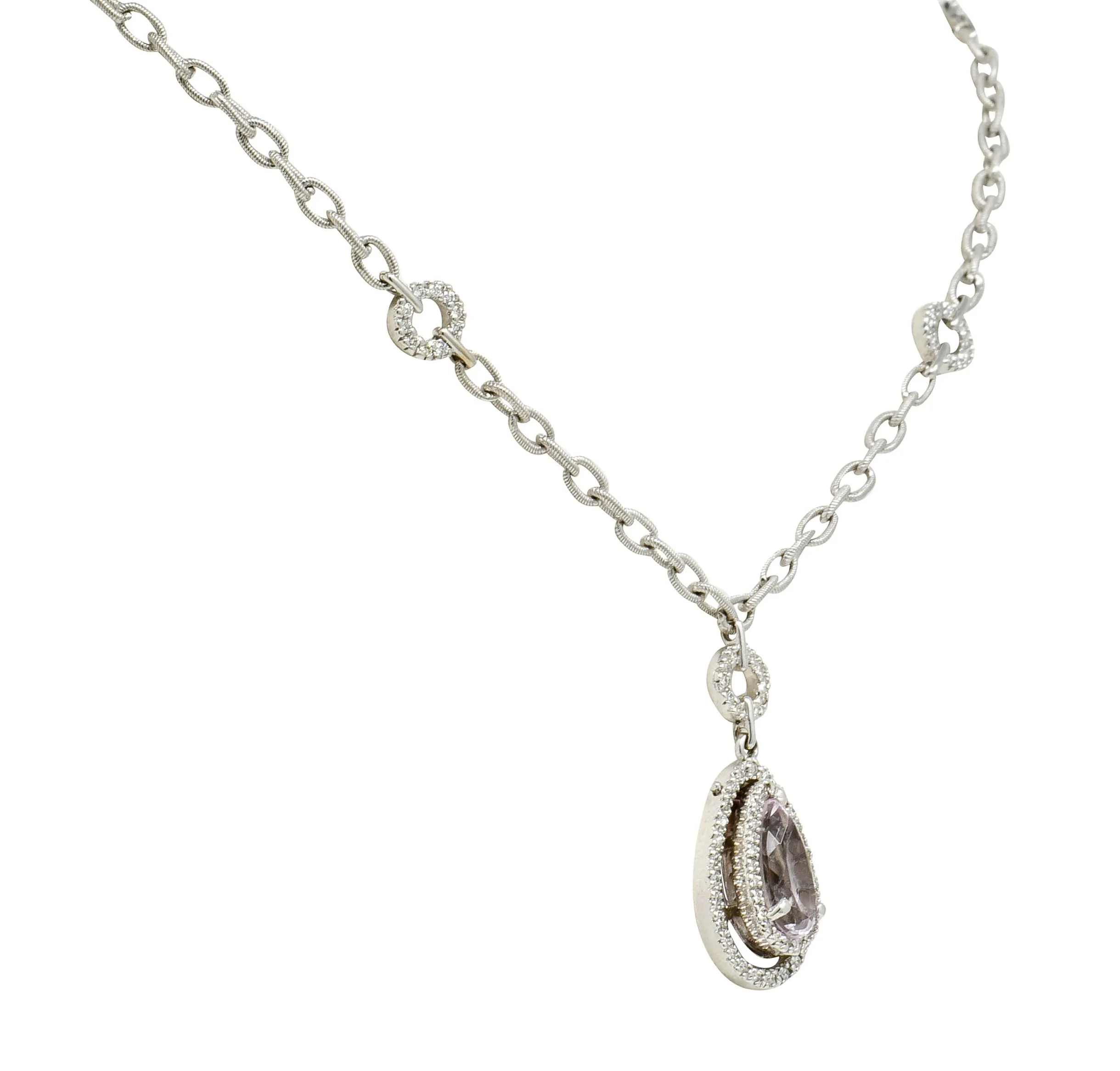 Kunzite 1.21 CTW Diamond 18 Karat White Gold Drop Necklace