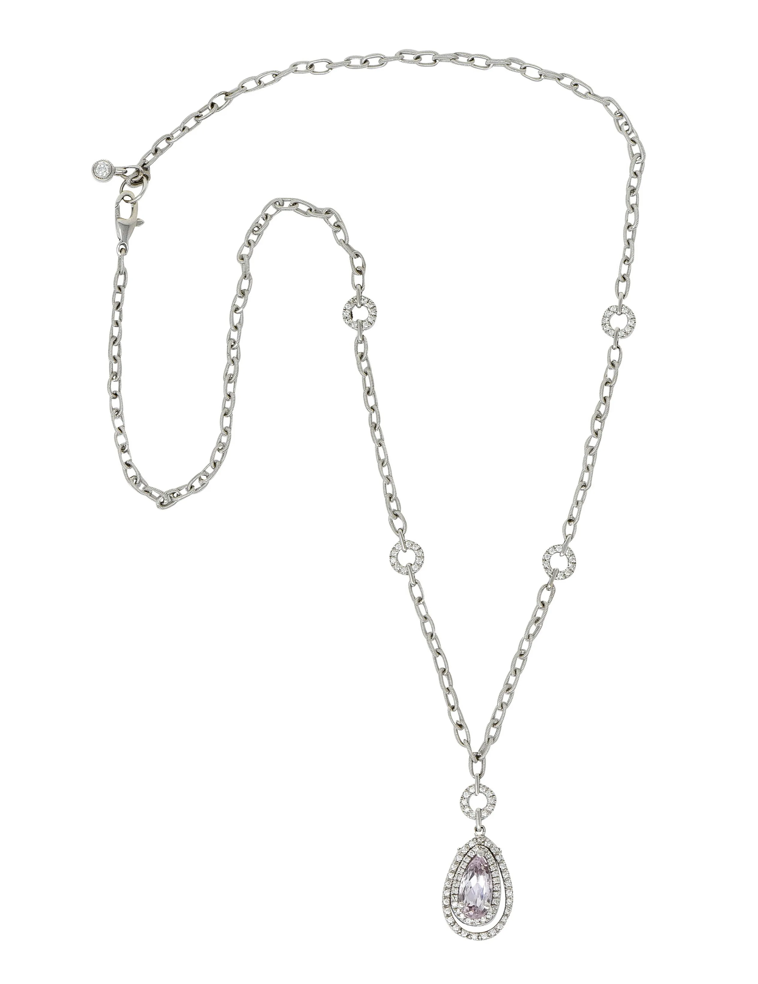 Kunzite 1.21 CTW Diamond 18 Karat White Gold Drop Necklace