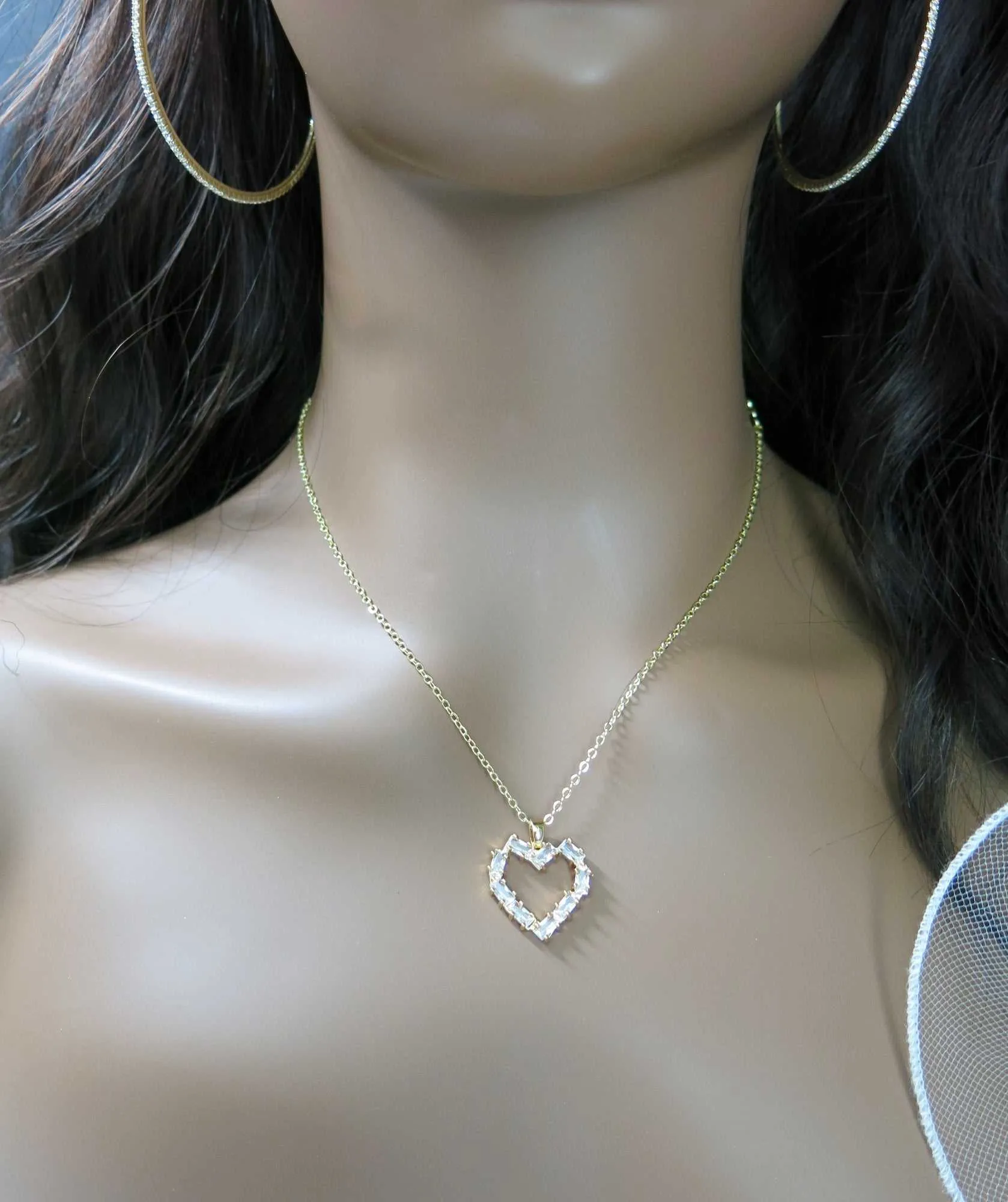 Large Crystal Heart Pendant Necklace, 18K Gold CZ Diamond Heart Pendant Chain Necklace for Bride
