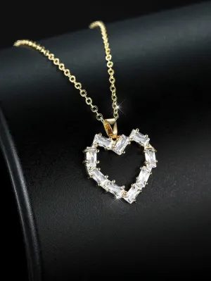 Large Crystal Heart Pendant Necklace, 18K Gold CZ Diamond Heart Pendant Chain Necklace for Bride