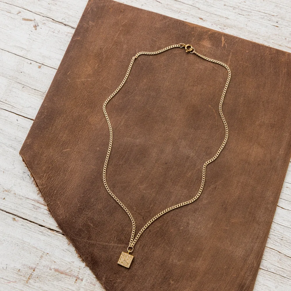 Large Pavé Diamond Square on Curb Chain in Gold