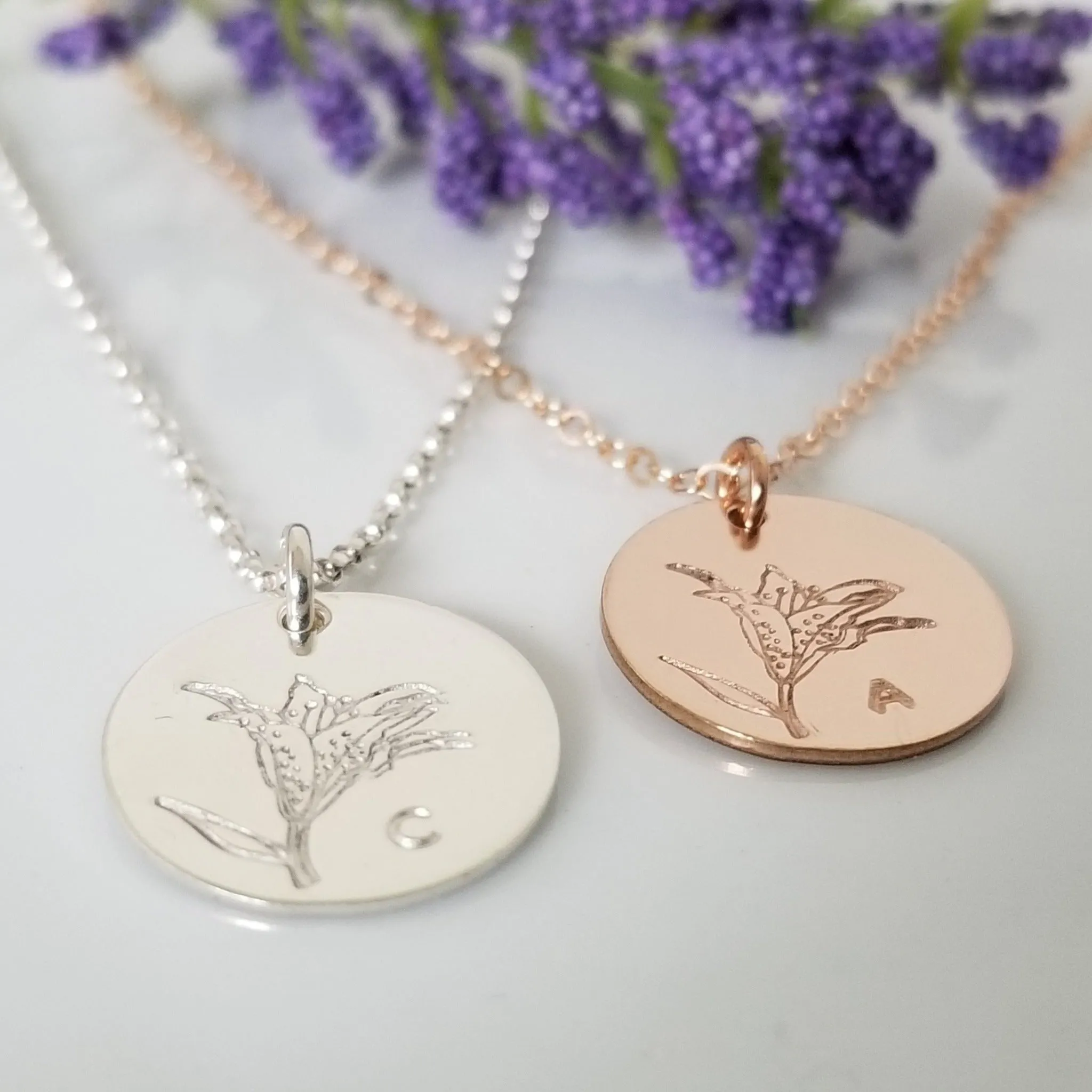 Lily Flower Initial Necklace - Sterling, Gold, or Rose Gold