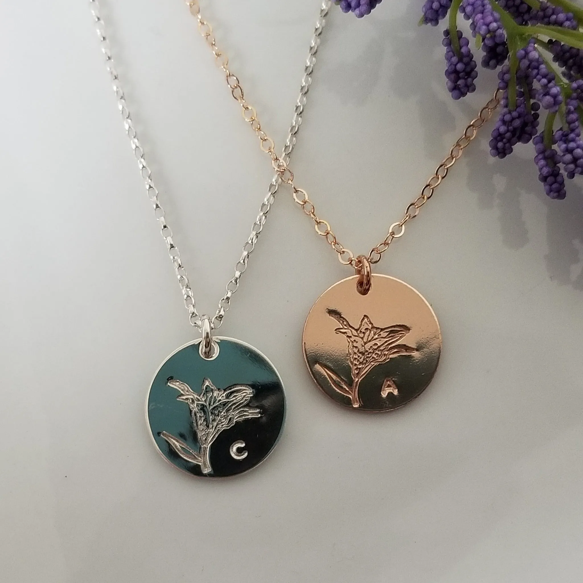 Lily Flower Initial Necklace - Sterling, Gold, or Rose Gold