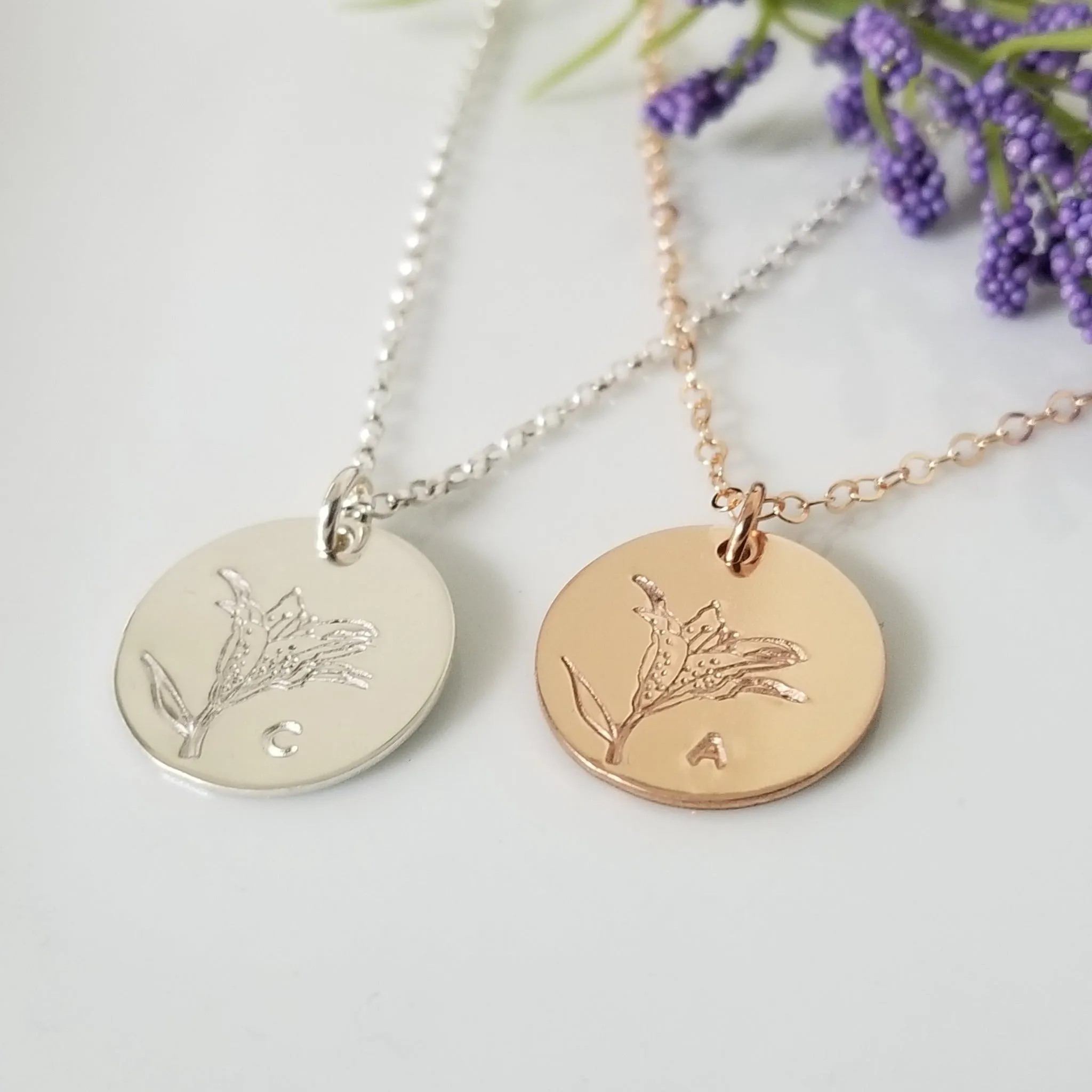 Lily Flower Initial Necklace - Sterling, Gold, or Rose Gold