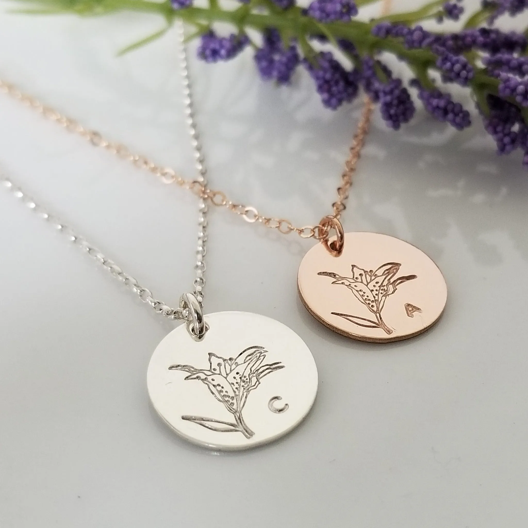 Lily Flower Initial Necklace - Sterling, Gold, or Rose Gold