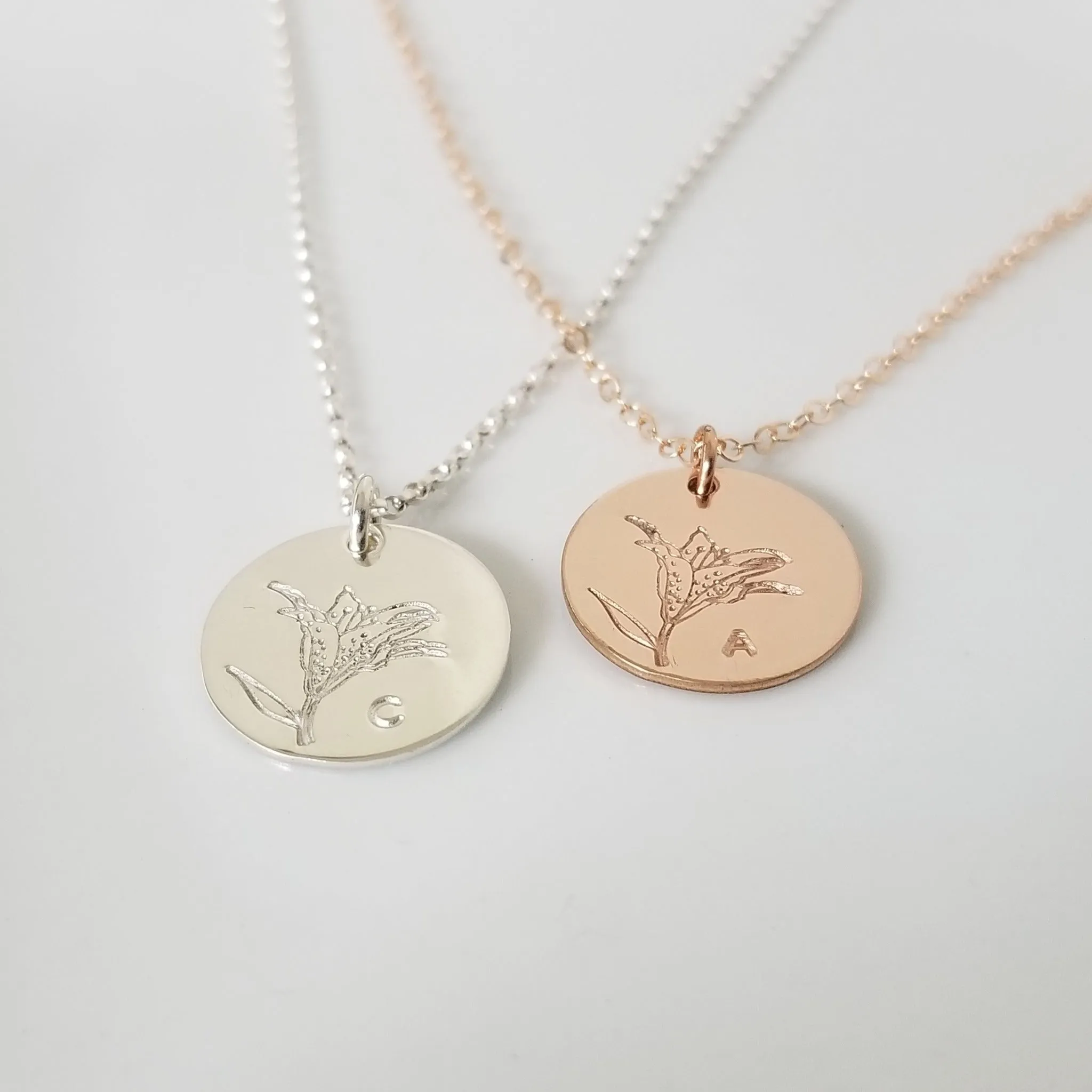 Lily Flower Initial Necklace - Sterling, Gold, or Rose Gold