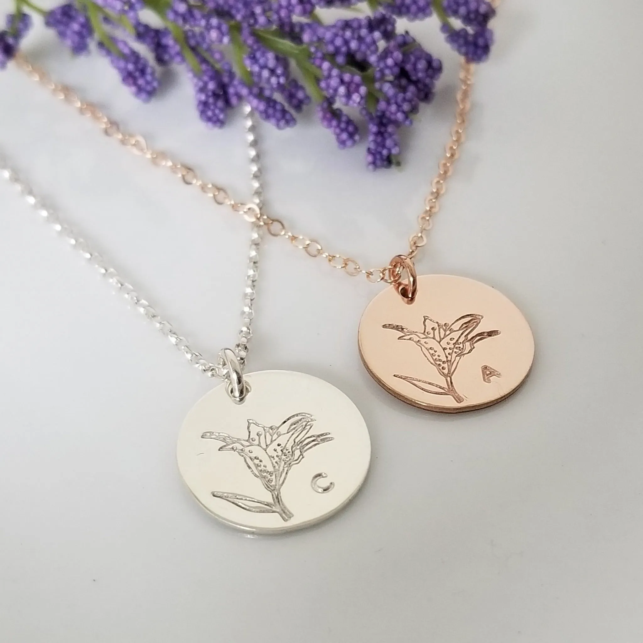 Lily Flower Initial Necklace - Sterling, Gold, or Rose Gold