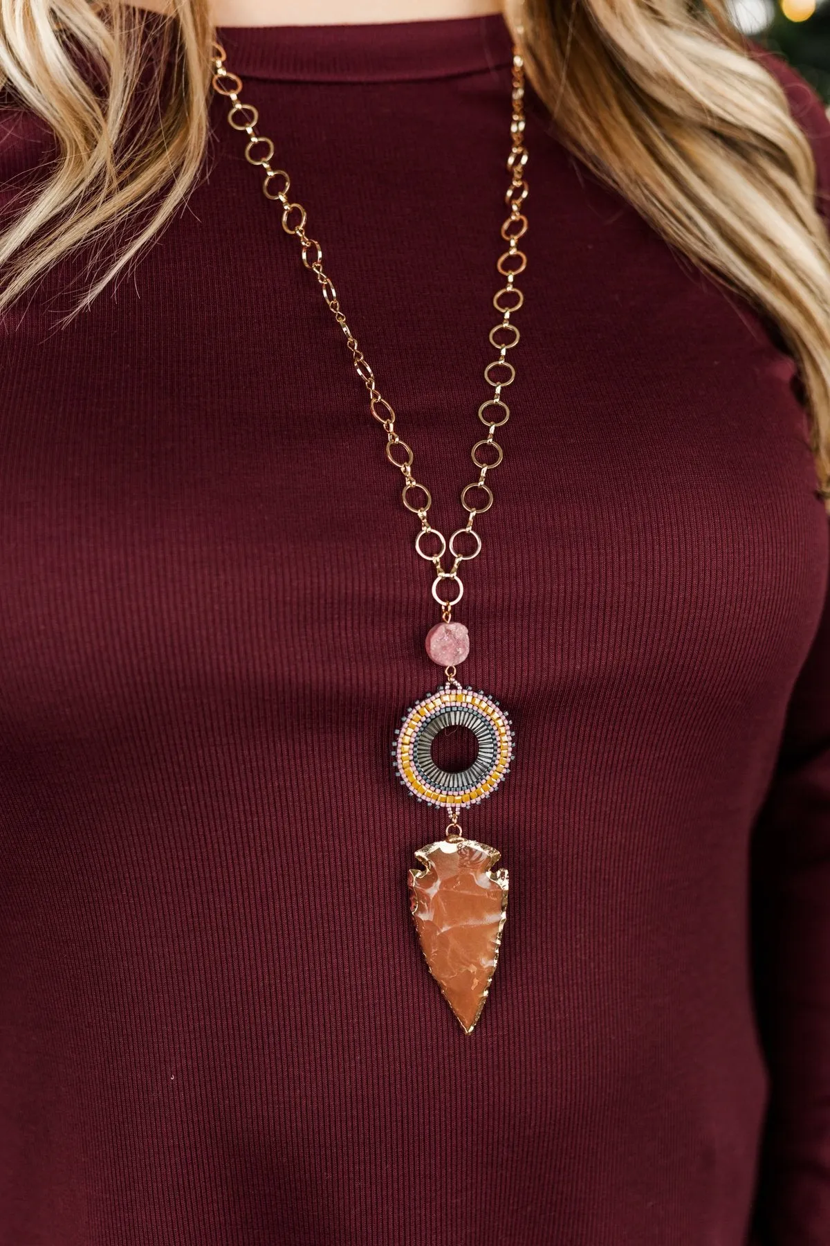 Long Arrowhead Pendant Gold Necklace- Purple