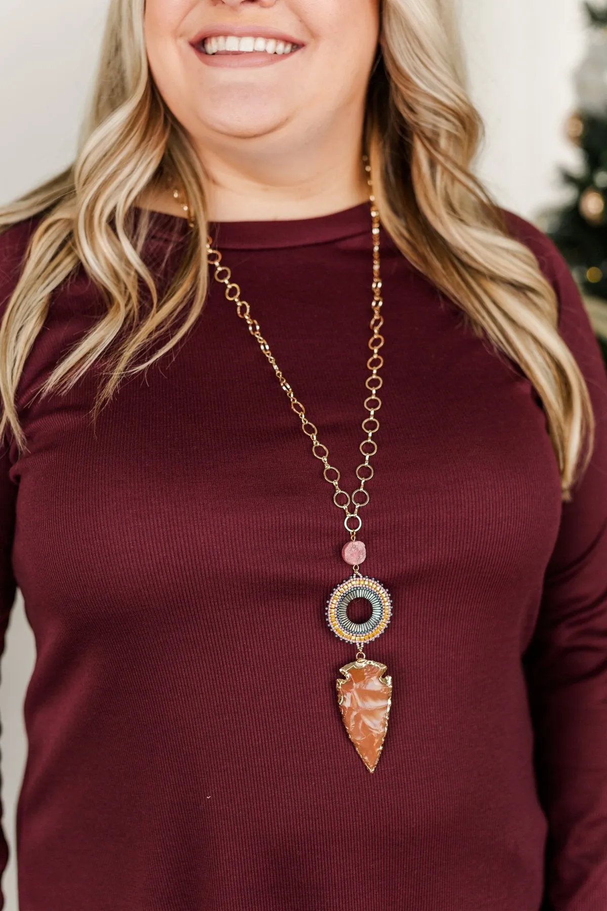 Long Arrowhead Pendant Gold Necklace- Purple