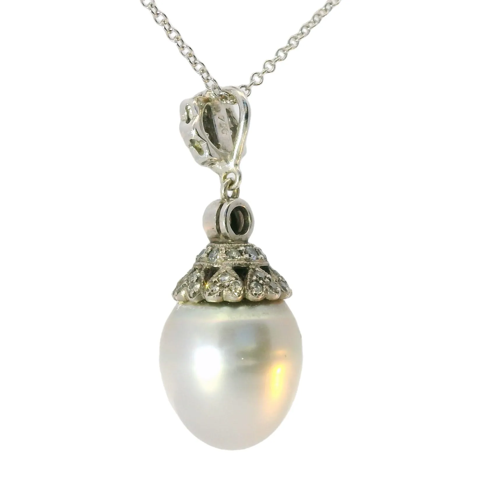 Magnificent Estate 18K White Gold Filigree Cultured Pearl Diamond Pendant Slide