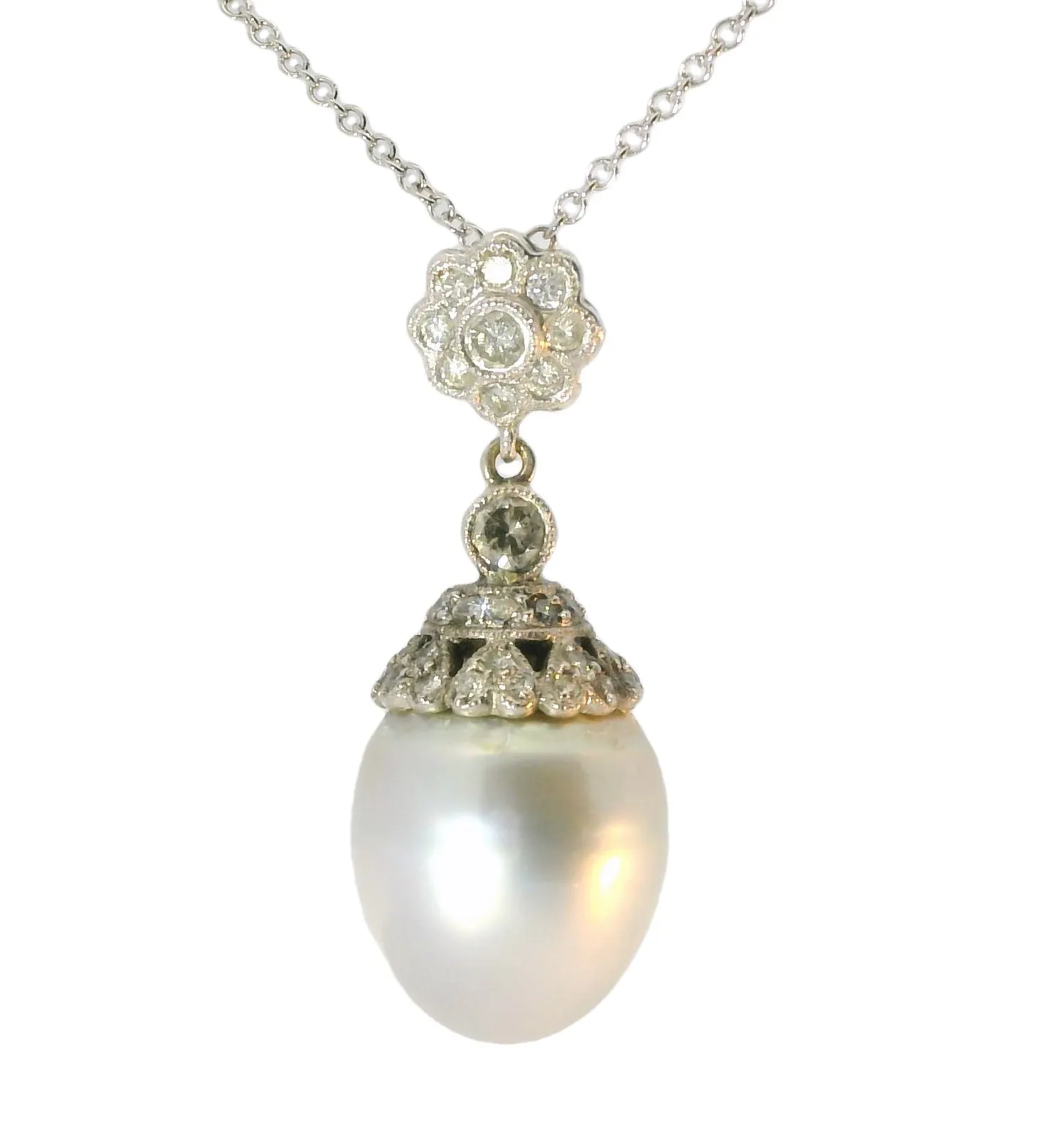 Magnificent Estate 18K White Gold Filigree Cultured Pearl Diamond Pendant Slide