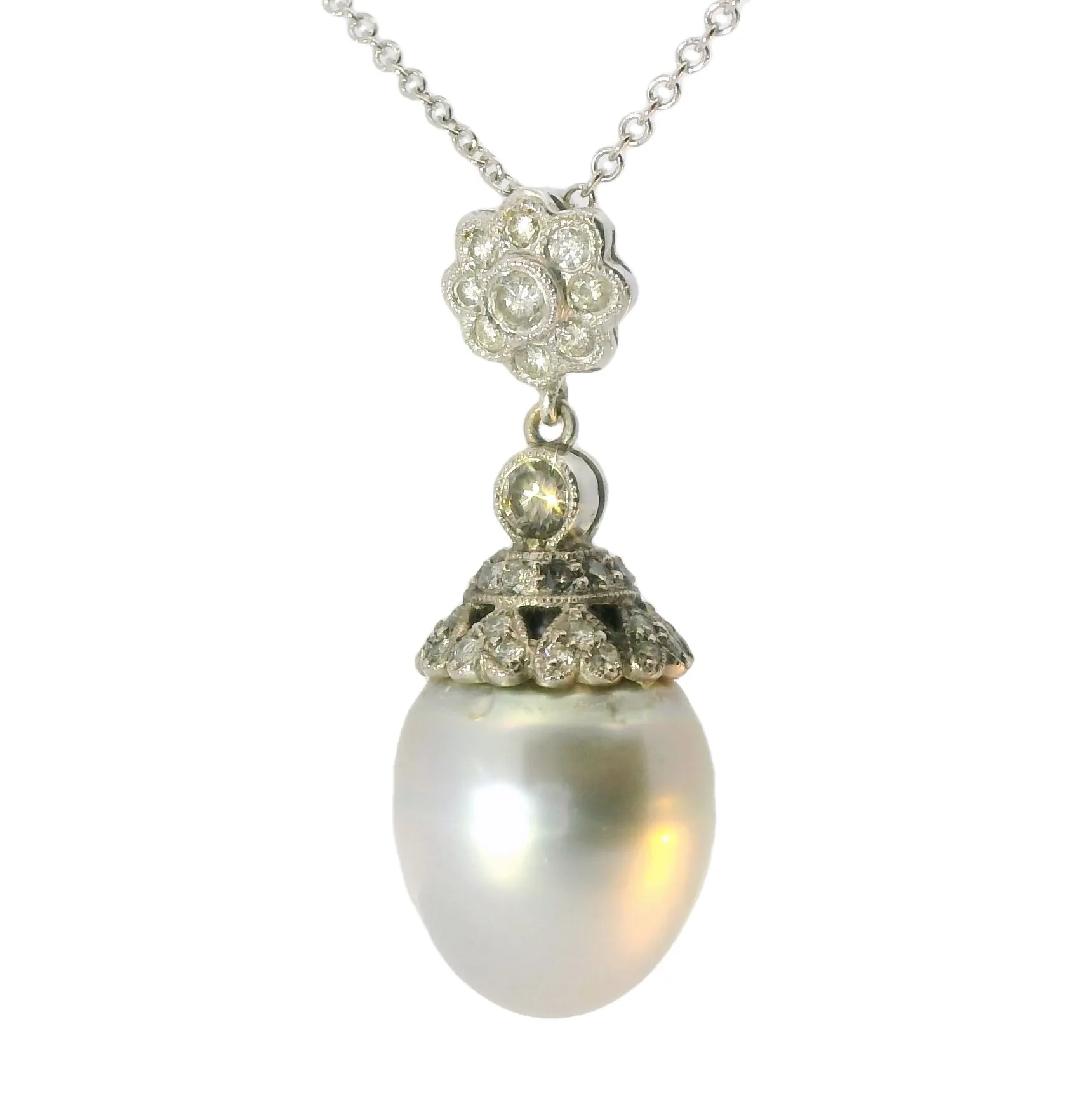 Magnificent Estate 18K White Gold Filigree Cultured Pearl Diamond Pendant Slide