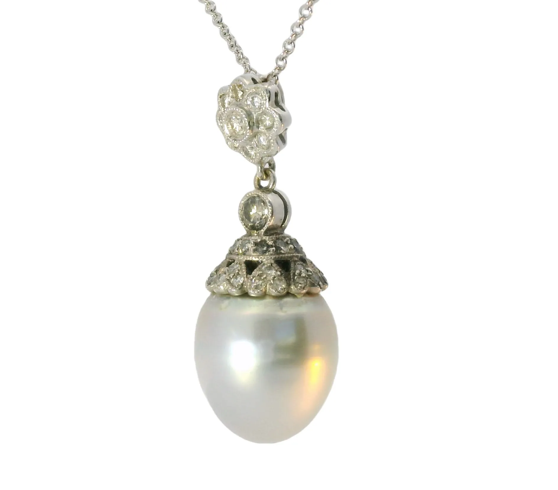 Magnificent Estate 18K White Gold Filigree Cultured Pearl Diamond Pendant Slide