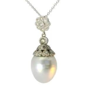 Magnificent Estate 18K White Gold Filigree Cultured Pearl Diamond Pendant Slide