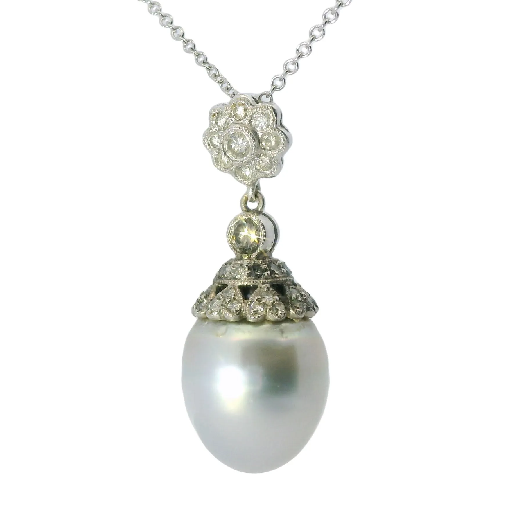 Magnificent Estate 18K White Gold Filigree Cultured Pearl Diamond Pendant Slide