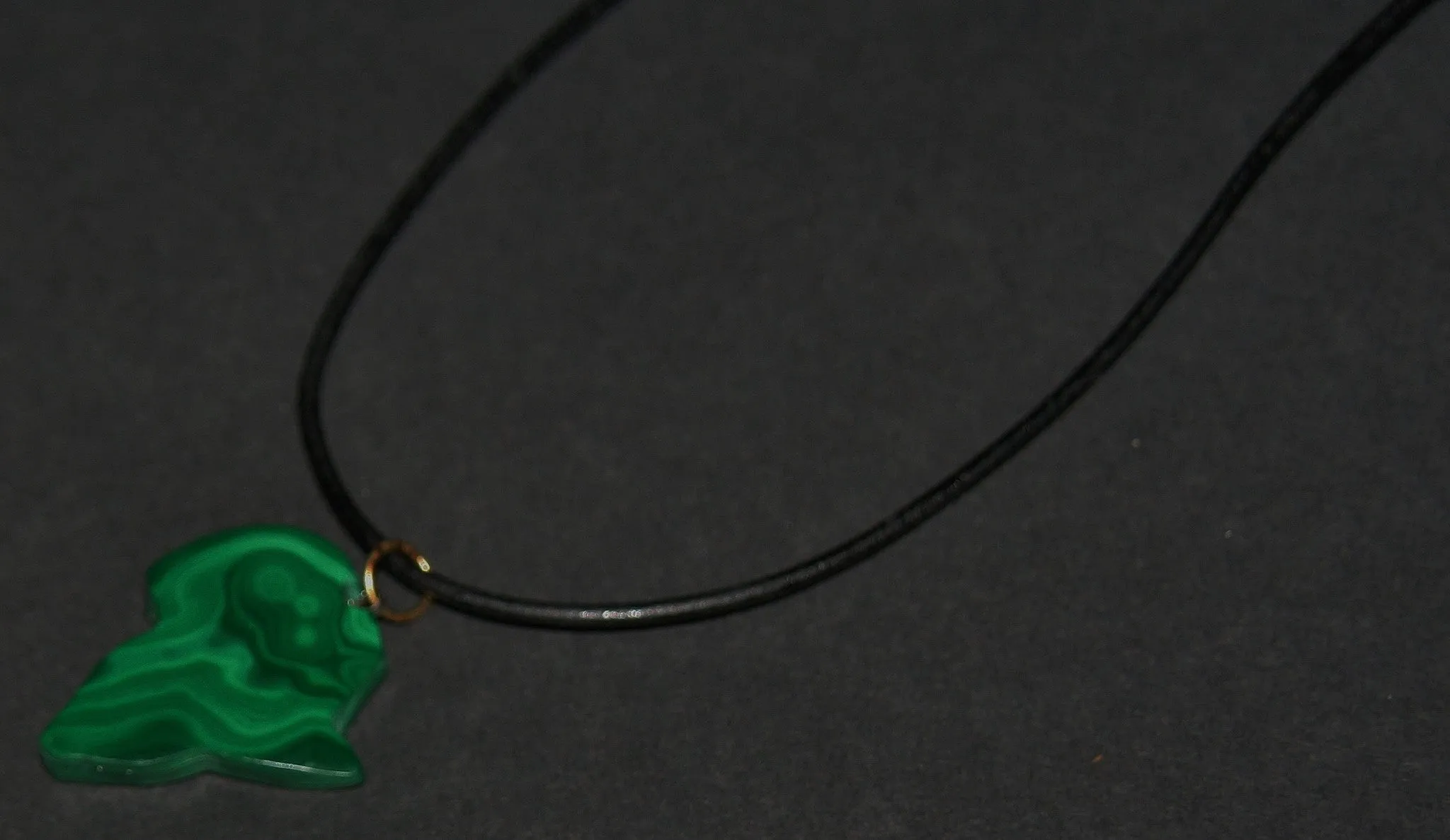 Malachite African Continent Pendant Necklace on Black Leather 27" L