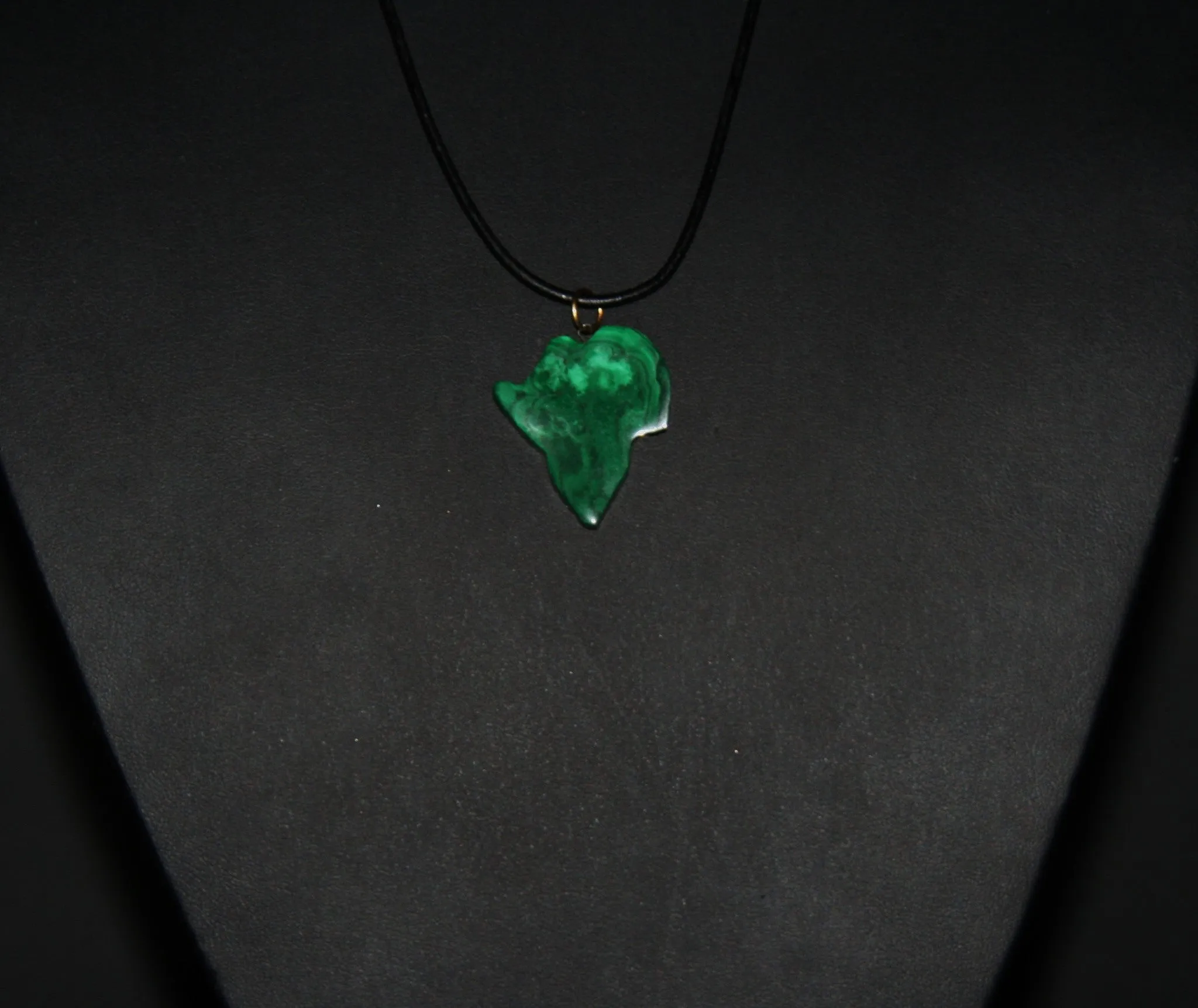 Malachite African Continent Pendant Necklace on Black Leather 27" L