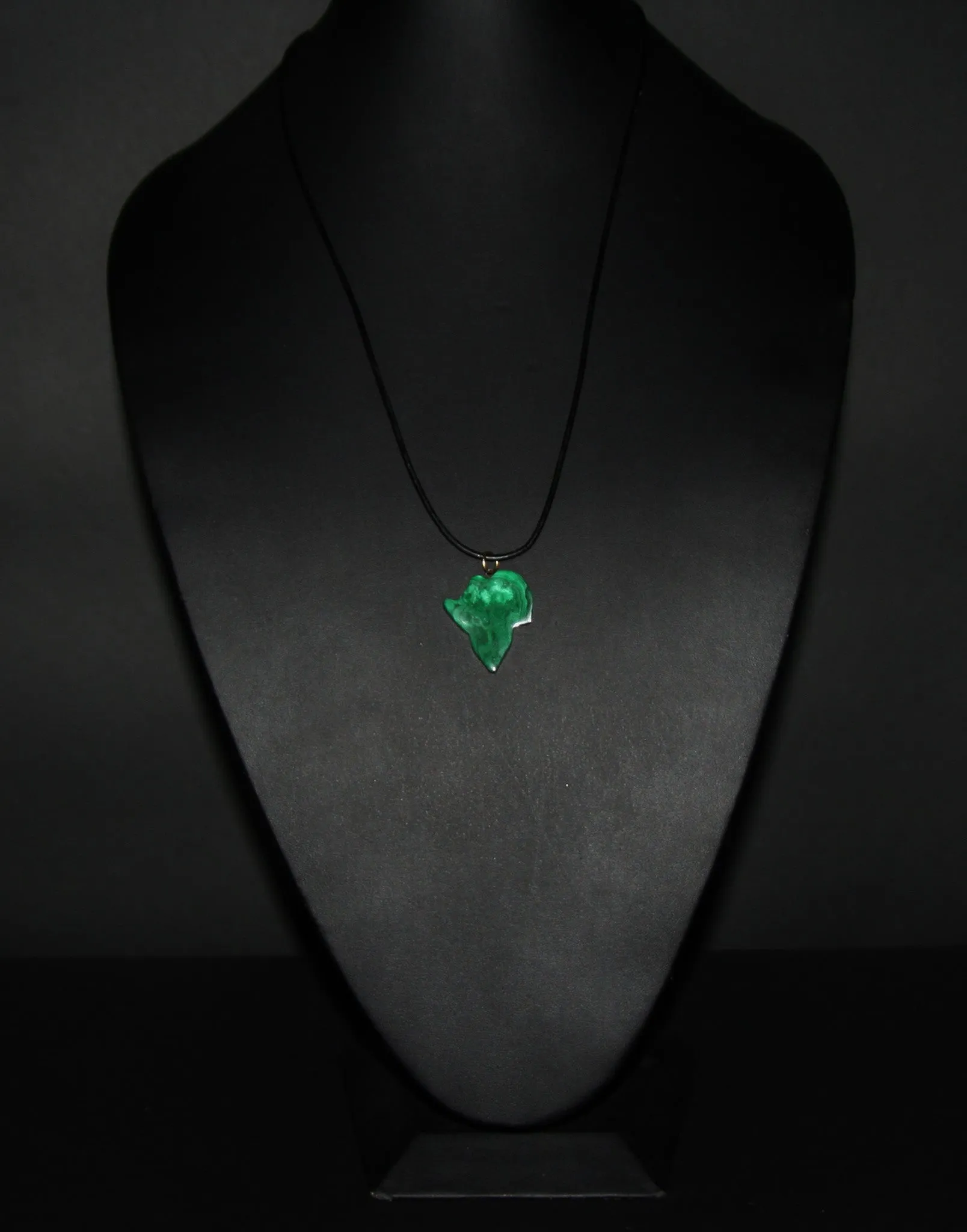 Malachite African Continent Pendant Necklace on Black Leather 27" L