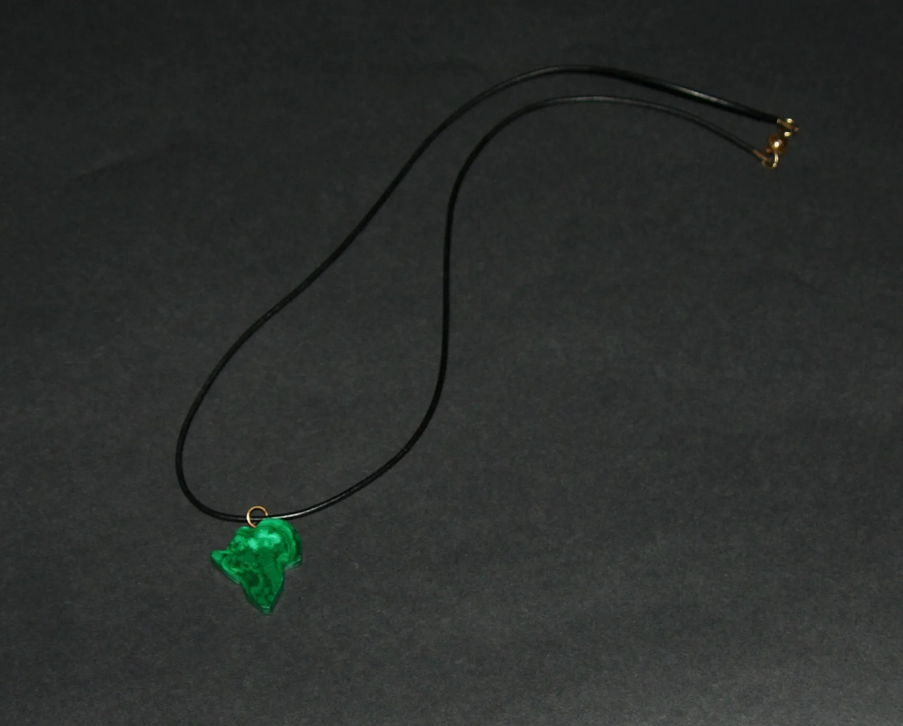 Malachite African Continent Pendant Necklace on Black Leather 27" L