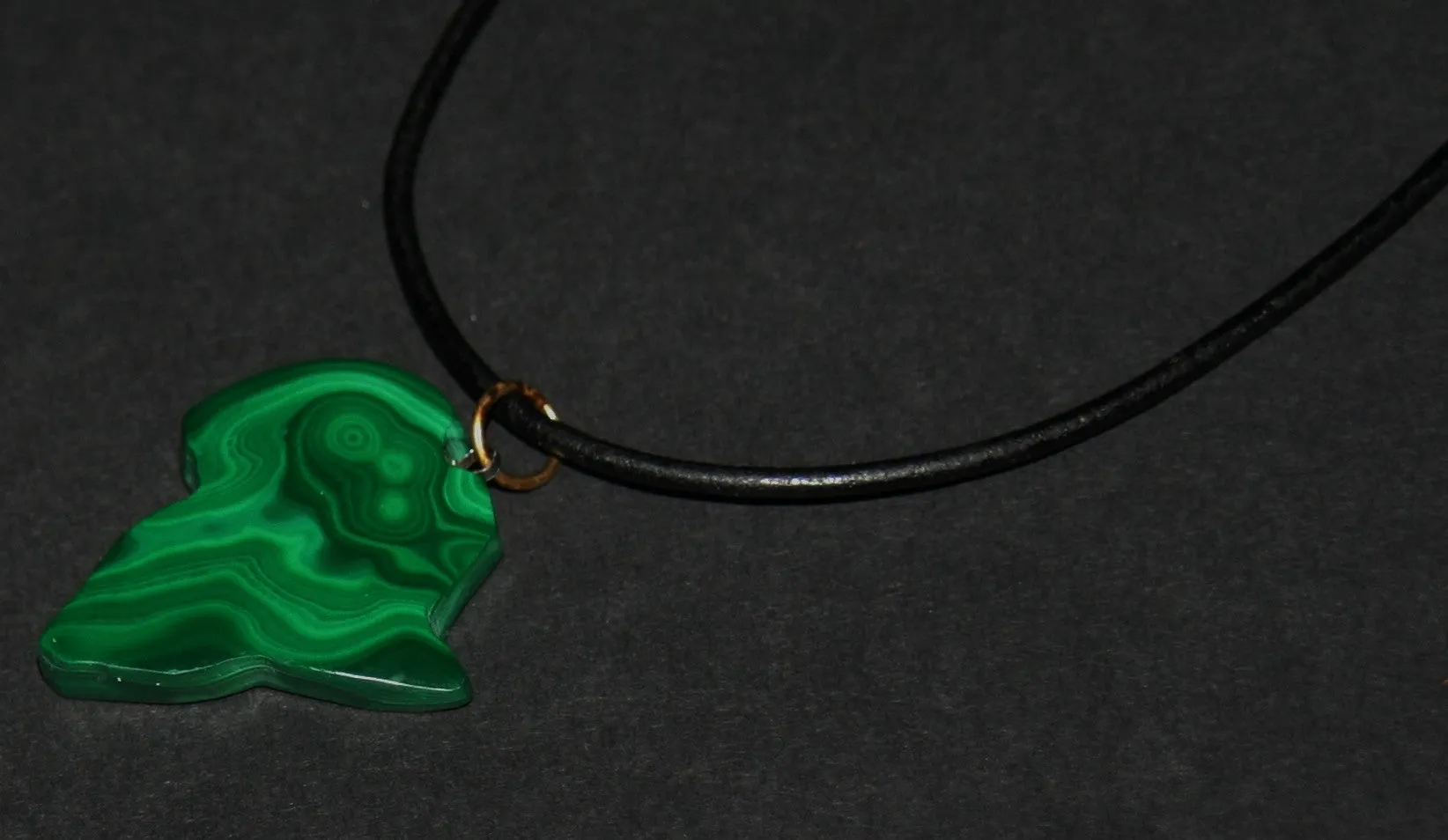 Malachite African Continent Pendant Necklace on Black Leather 27" L