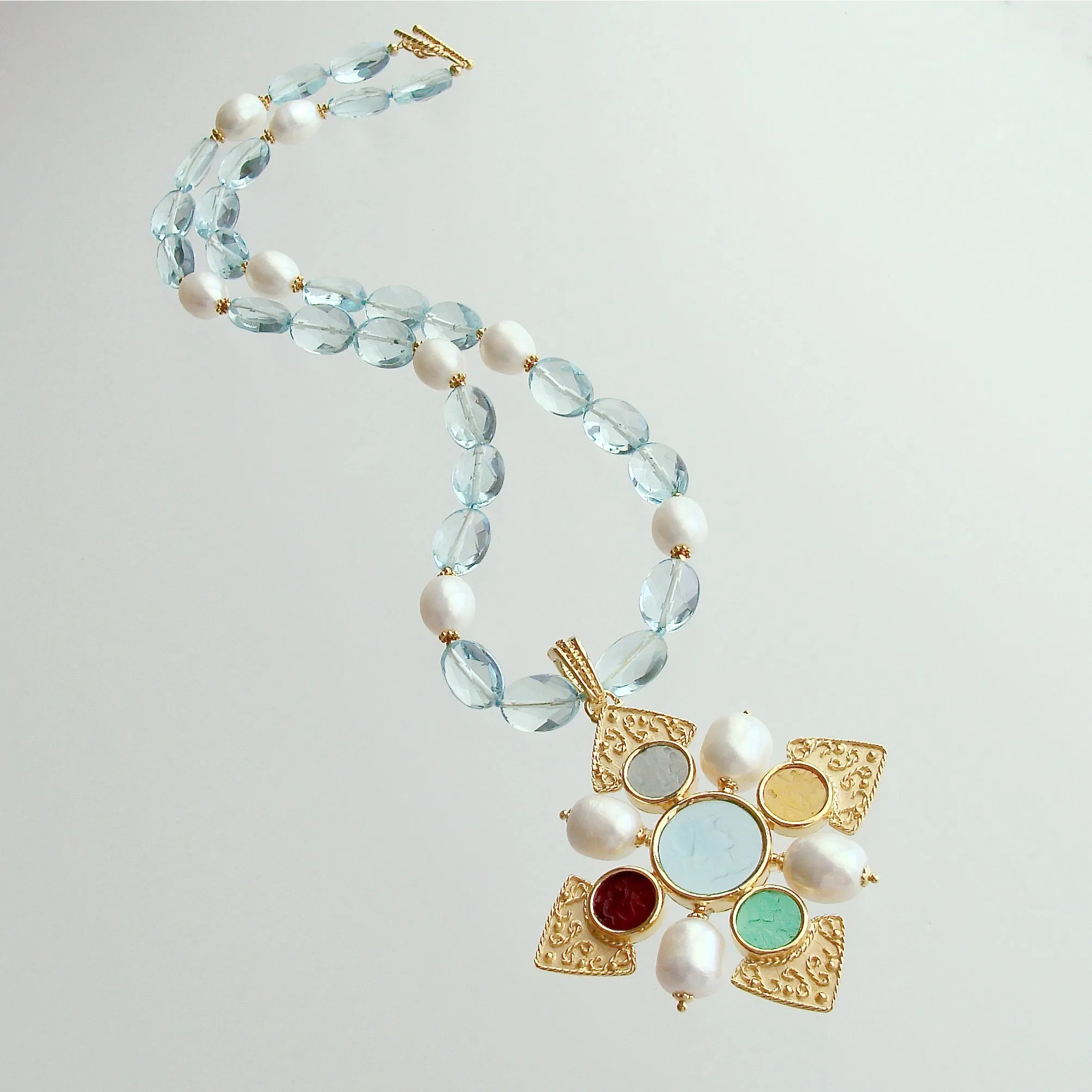 Maltese-Style Intaglio Removable Pendant, Aqua Quartz and Pearls Necklace - Catania II Necklace