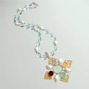 Maltese-Style Intaglio Removable Pendant, Aqua Quartz and Pearls Necklace - Catania II Necklace
