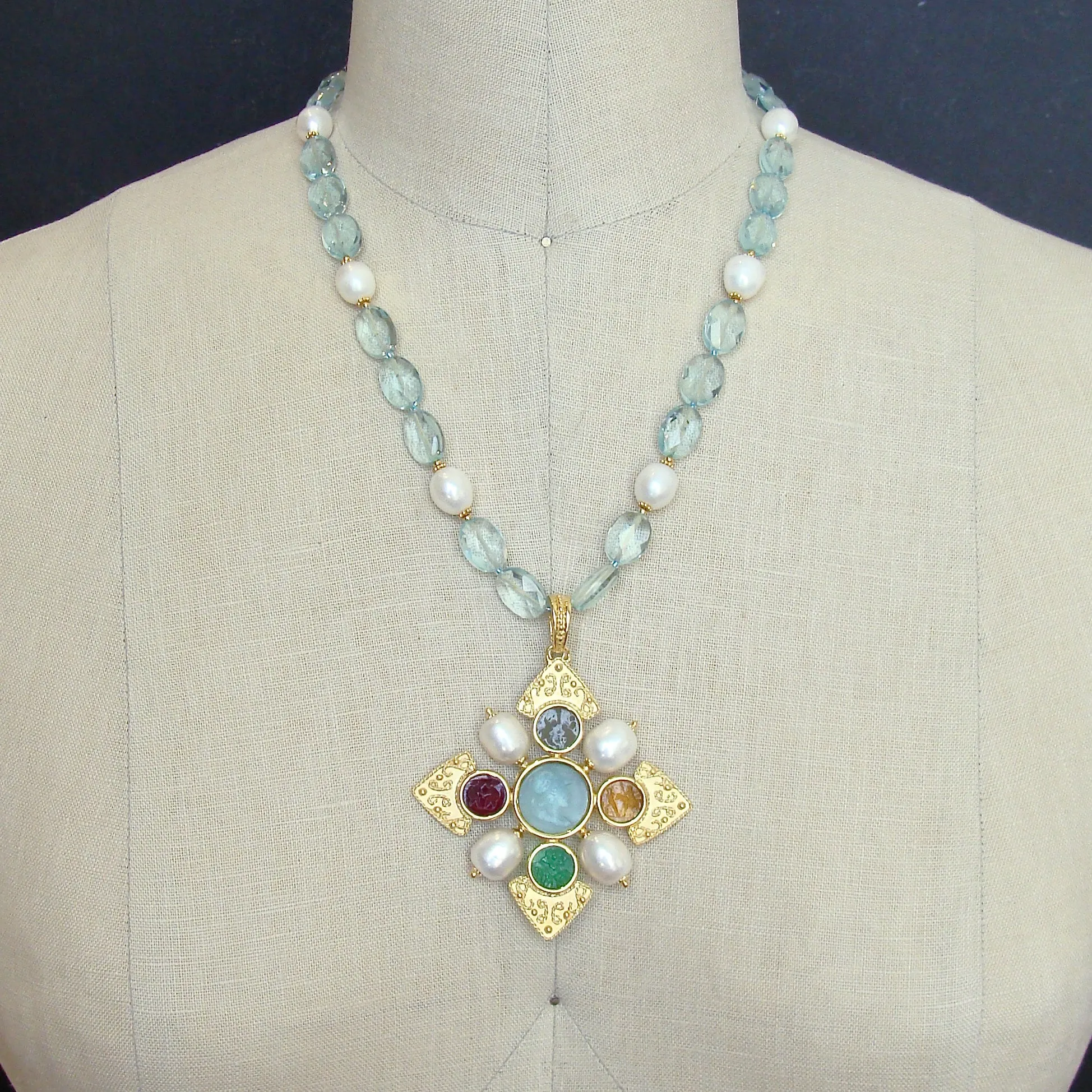 Maltese-Style Intaglio Removable Pendant, Aqua Quartz and Pearls Necklace - Catania II Necklace