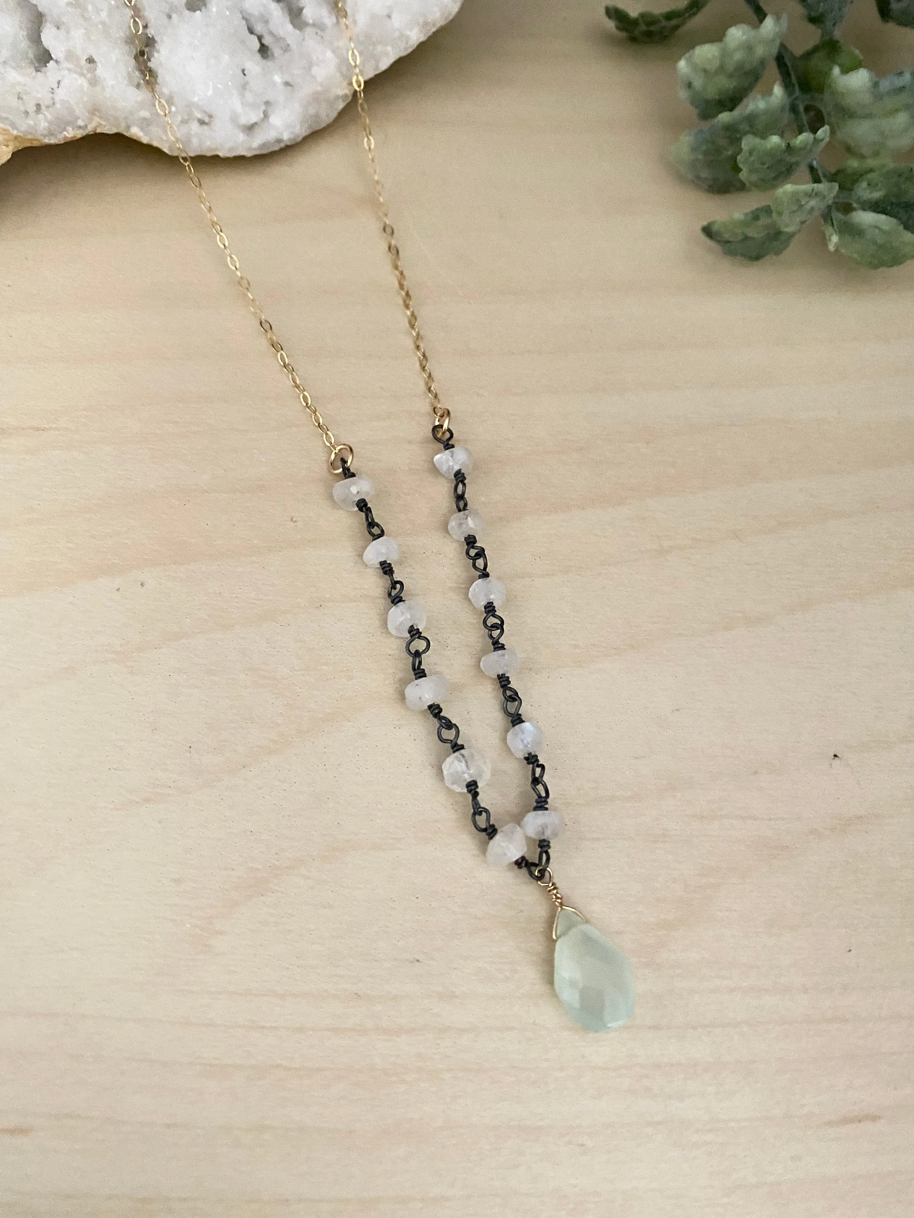 Moonstone and Chalcedony Necklace - Oxidised Silver Wire Wrap with Gold Fill chain Details