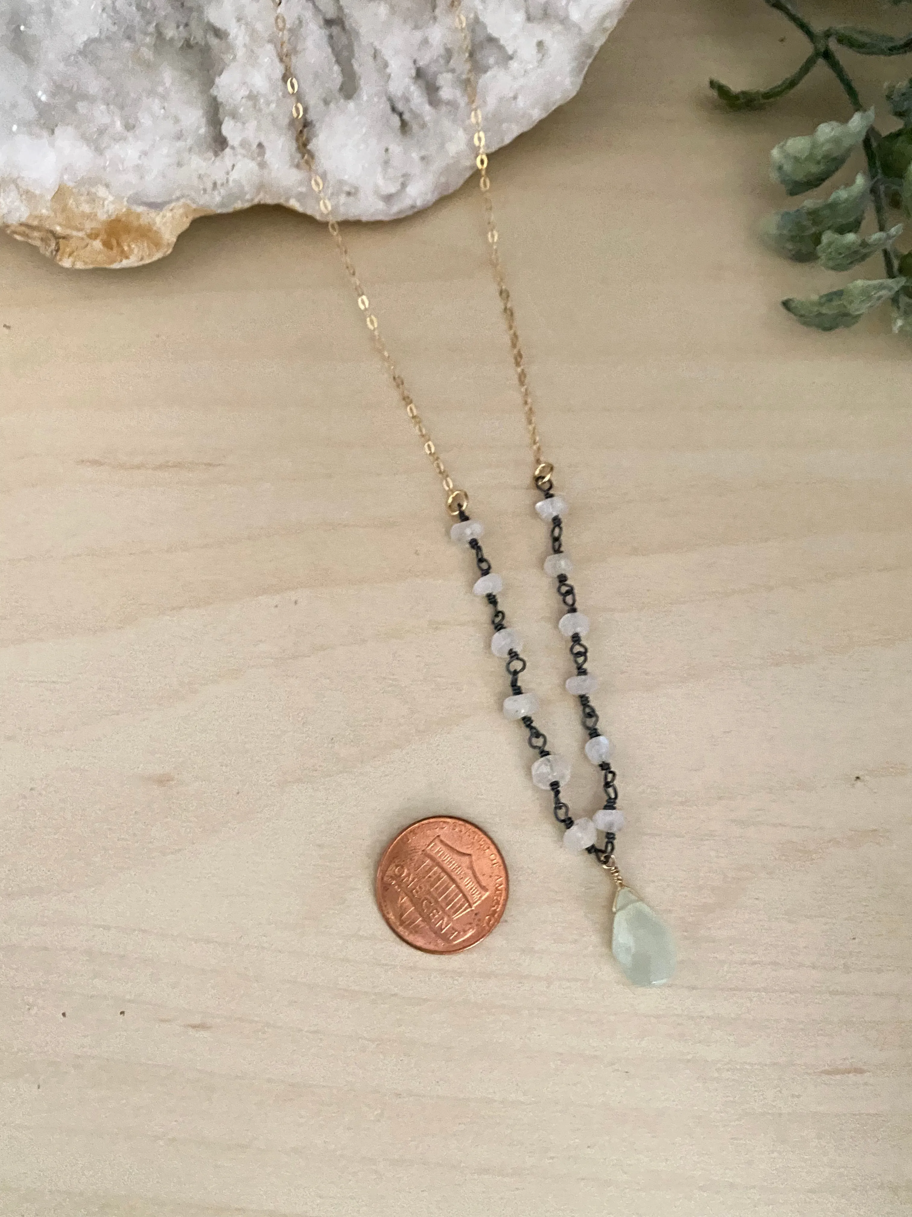 Moonstone and Chalcedony Necklace - Oxidised Silver Wire Wrap with Gold Fill chain Details