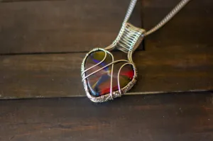 Multi-color Swirl Heart Fused Glass Pendant with Sterling Silver Wire Wrapping
