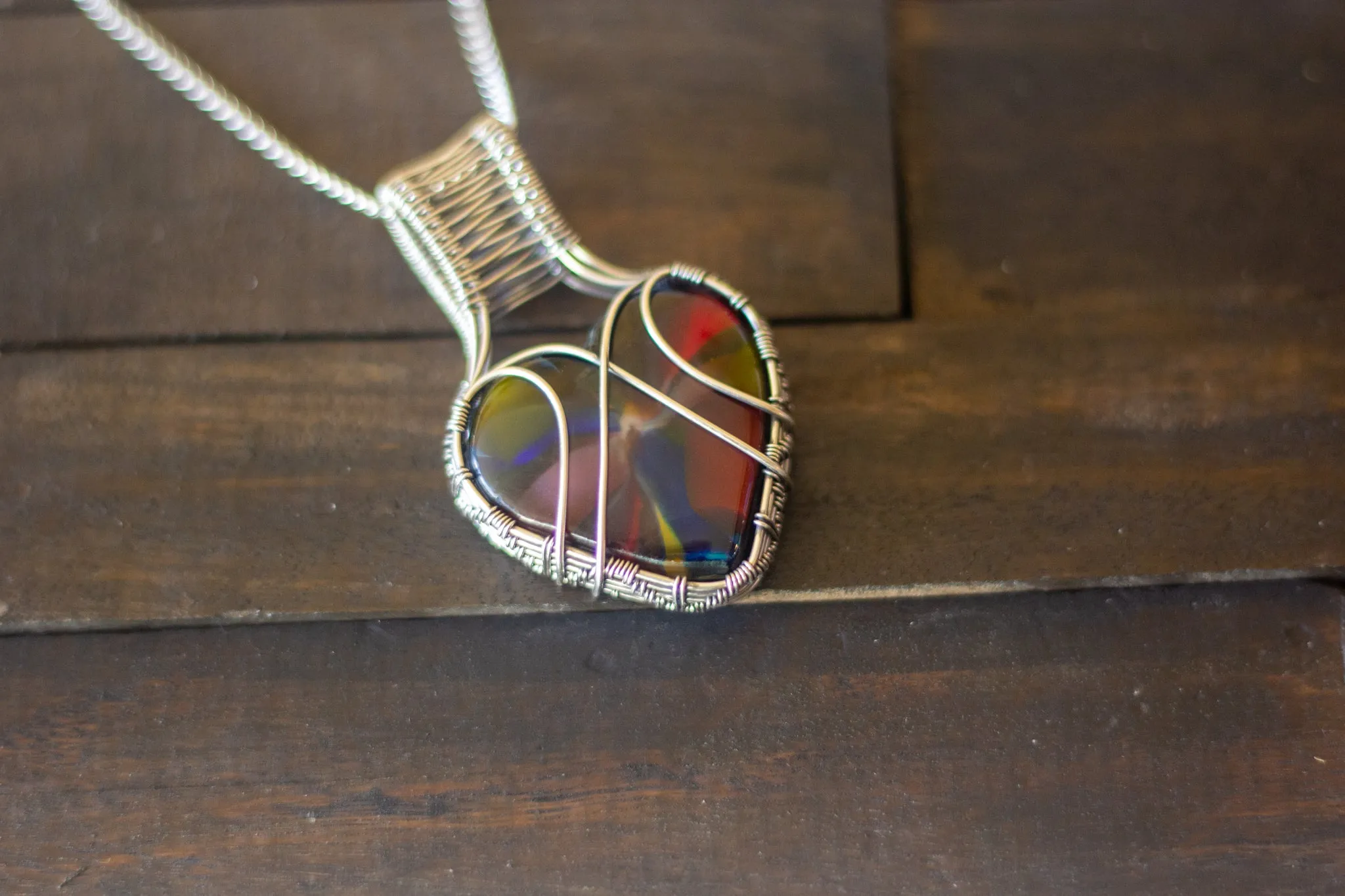 Multi-color Swirl Heart Fused Glass Pendant with Sterling Silver Wire Wrapping